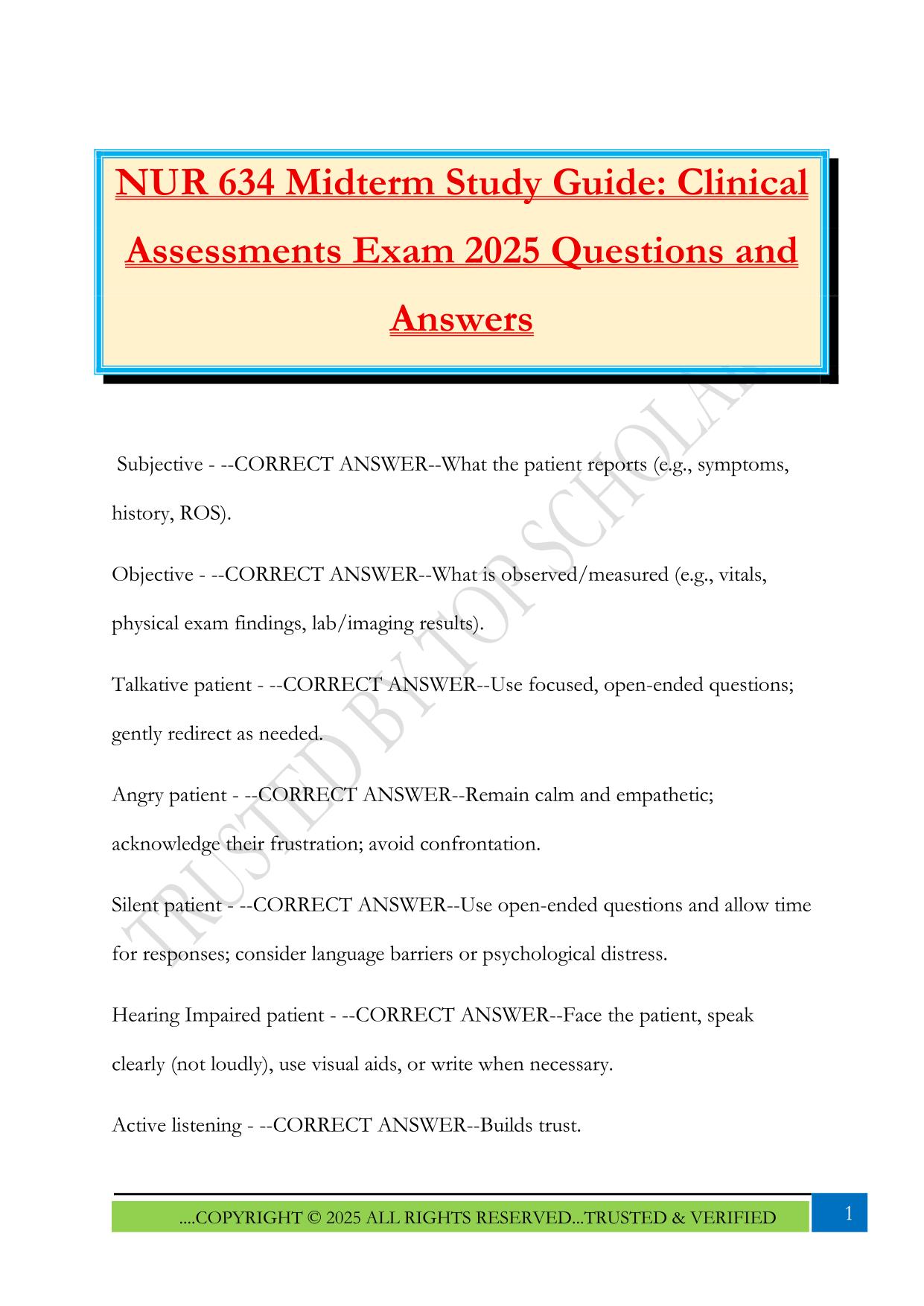 NUR 634 Midterm Study Guide: Clinical Assessments Exam 2025 Questions and Answers