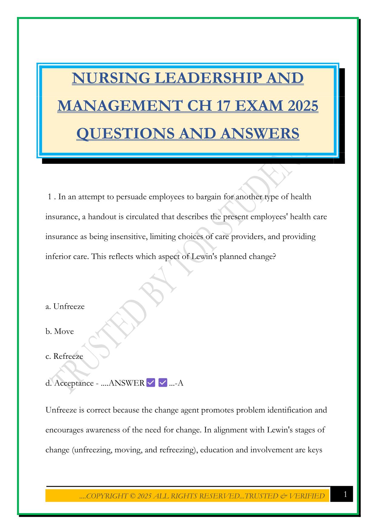 NURSING LEADERSHIP AND MANAGEMENT CH 17 EXAM 2025 QUESTIONS AND ANSWERS