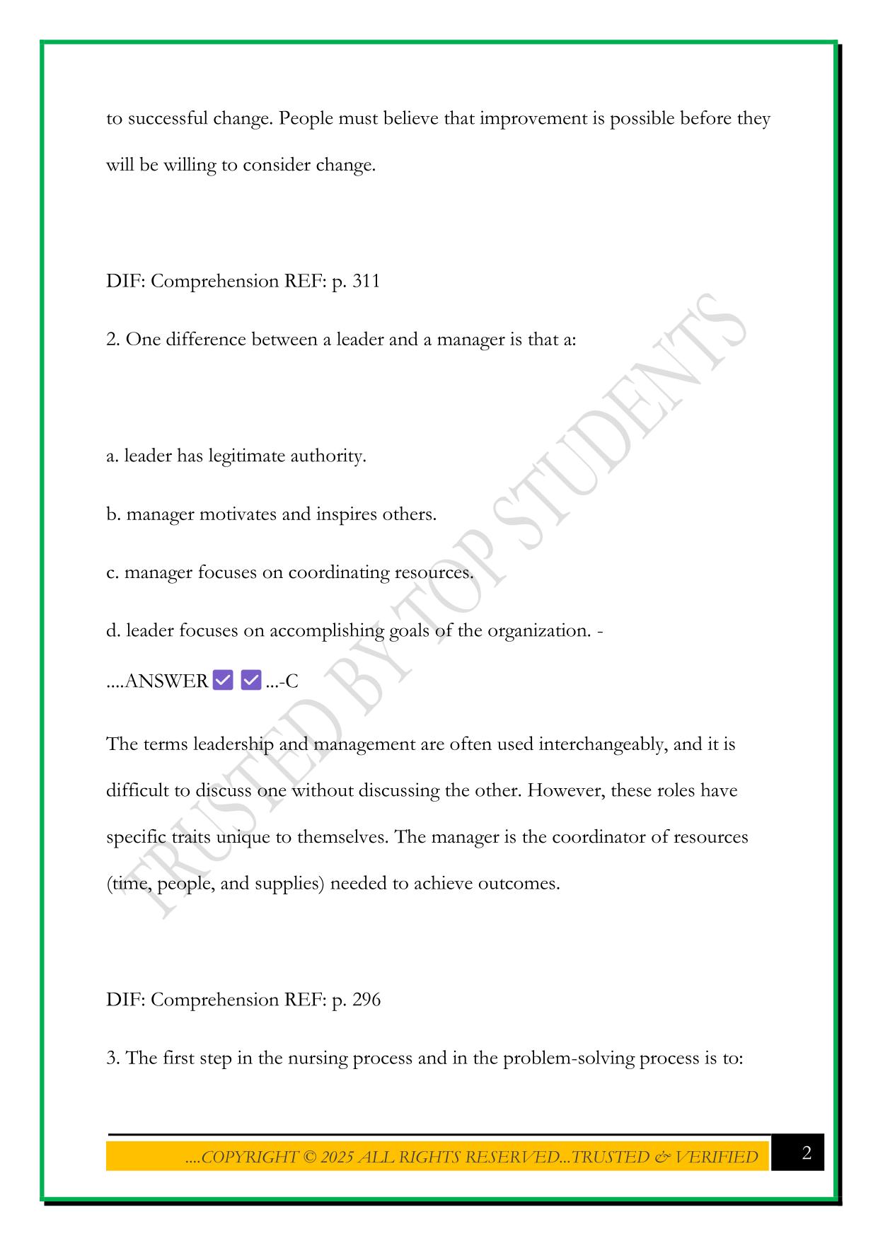 NURSING LEADERSHIP AND MANAGEMENT CH 17 EXAM 2025 QUESTIONS AND ANSWERS