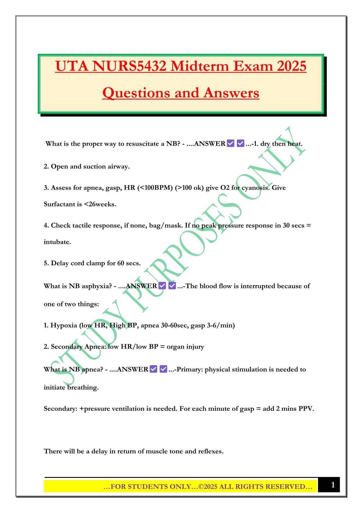 UTA NURS5432 Midterm Exam 2025 Questions and Answers