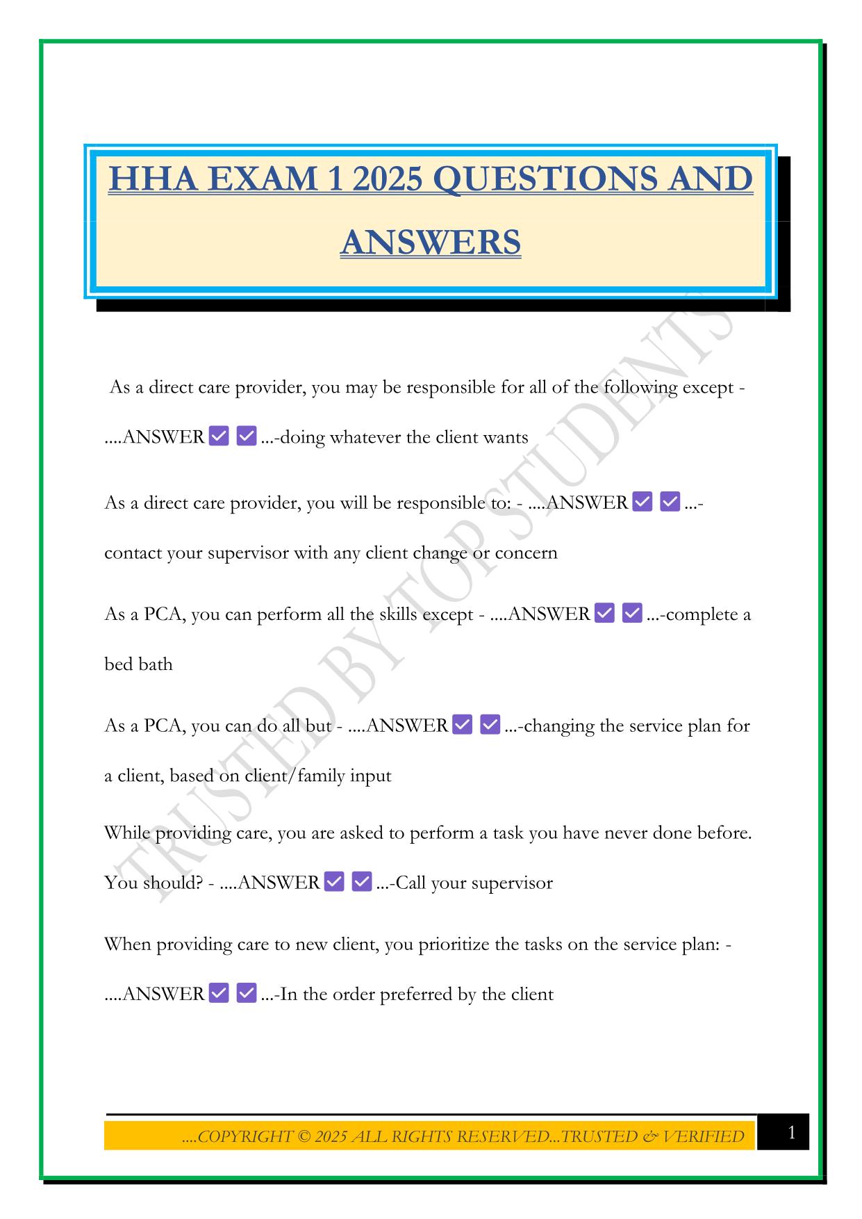 HHA EXAM 1 2025 QUESTIONS AND ANSWERS