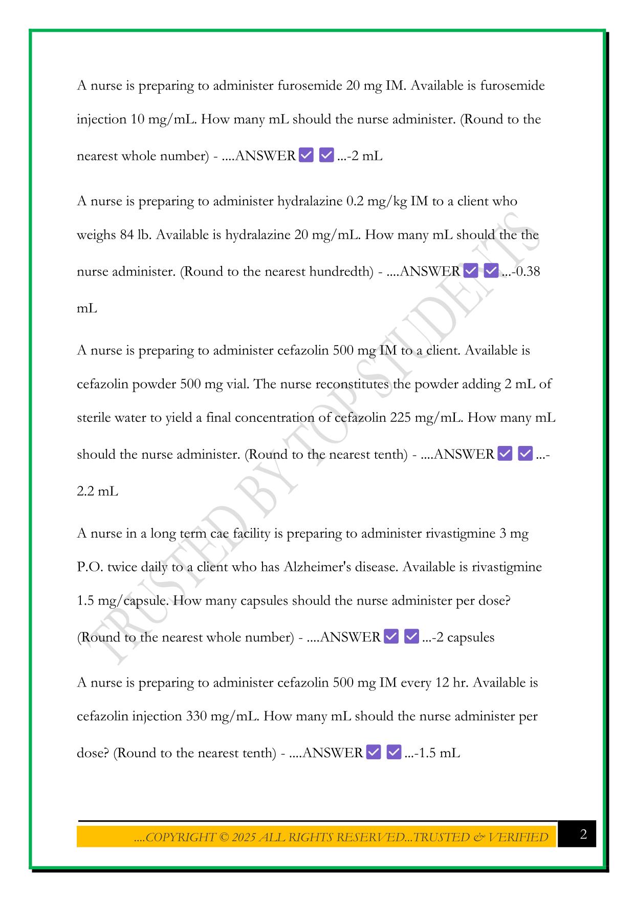 ADULT MEDICAL SURGICAL DOSAGE CALCULATION PN EXAM 2025 QUESTIONS AND ANSWERS