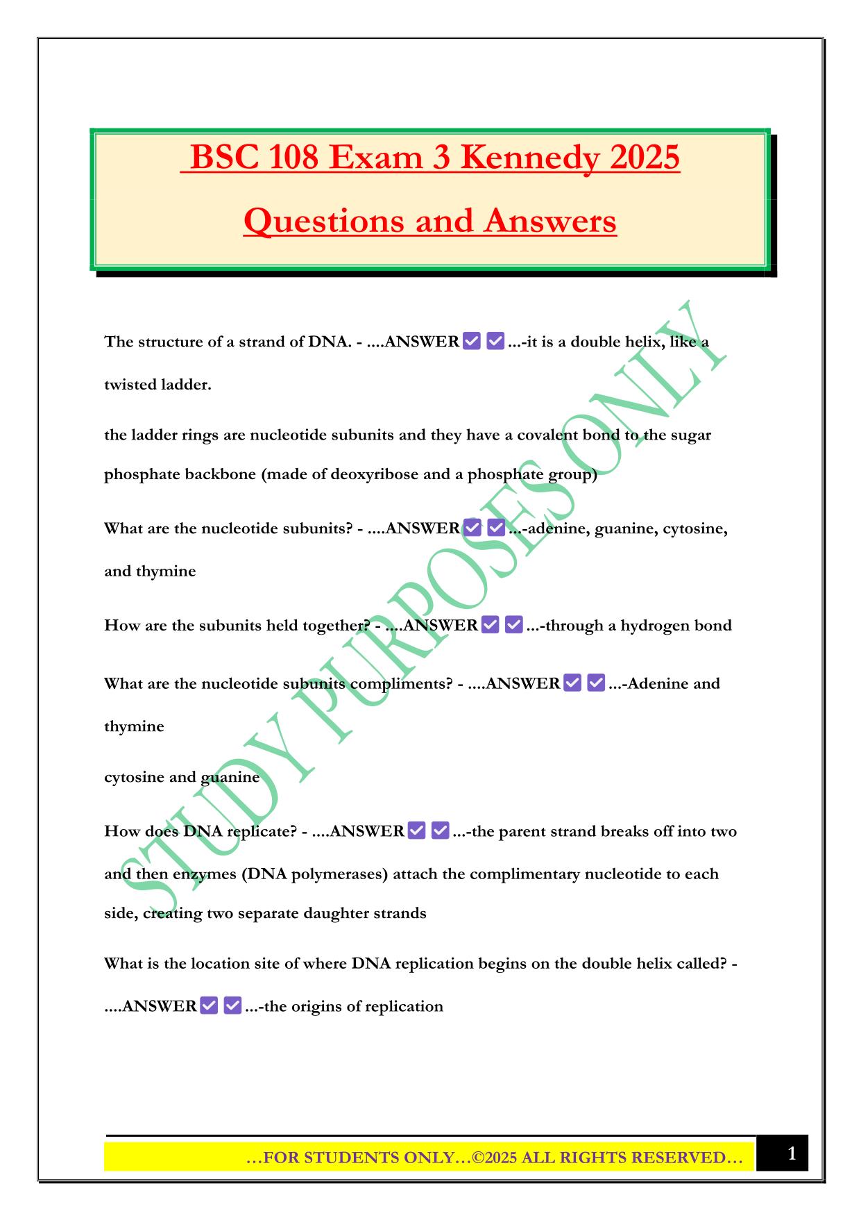 BSC 108 Exam 3 Kennedy 2025 Questions and Answers