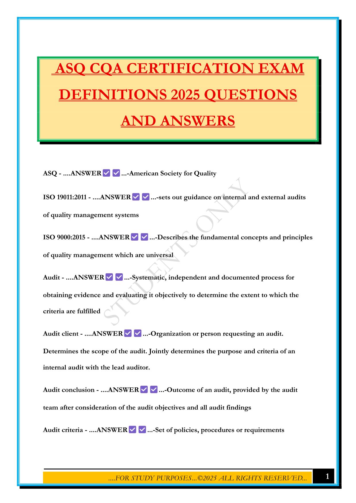 ASQ CQA CERTIFICATION EXAM DEFINITIONS 2025 QUESTIONS AND ANSWERS