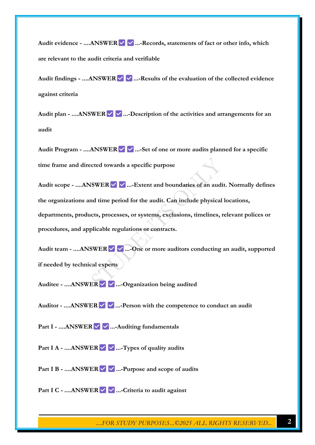 ASQ CQA CERTIFICATION EXAM DEFINITIONS 2025 QUESTIONS AND ANSWERS