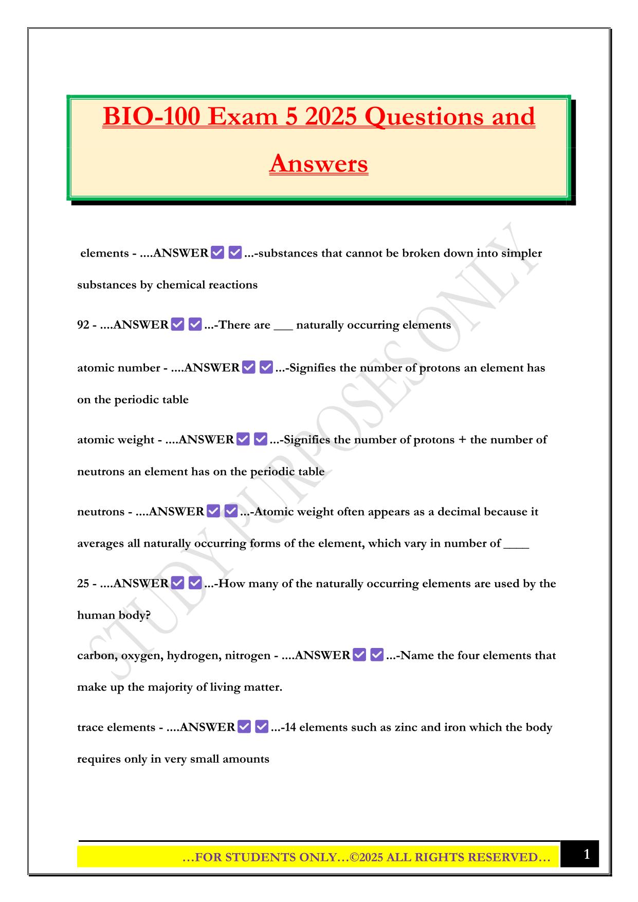 BIO-100 Exam 5 2025 Questions and Answers