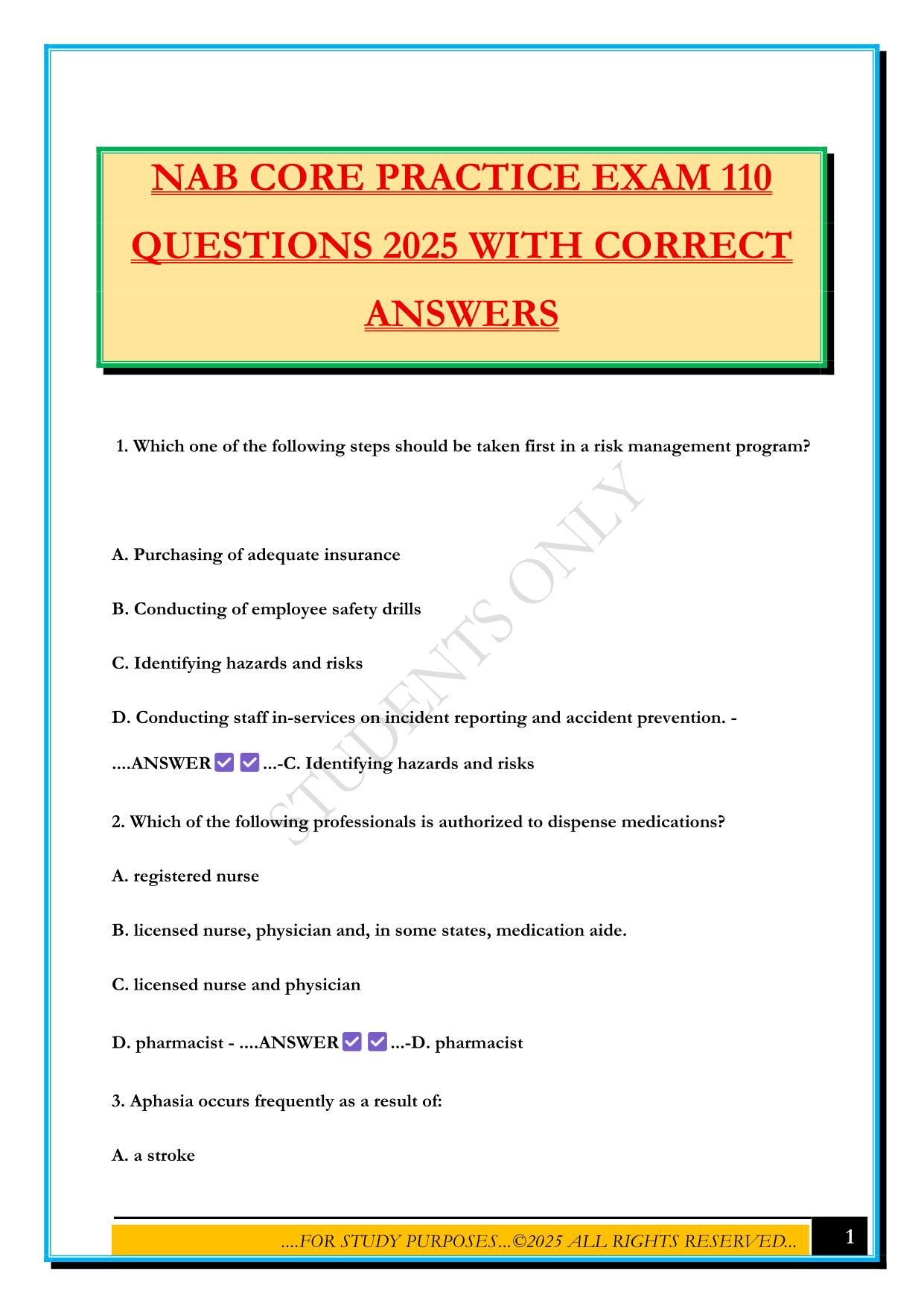 NAB CORE PRACTICE EXAM 110 QUESTIONS 2025 WITH CORRECT ANSWERS