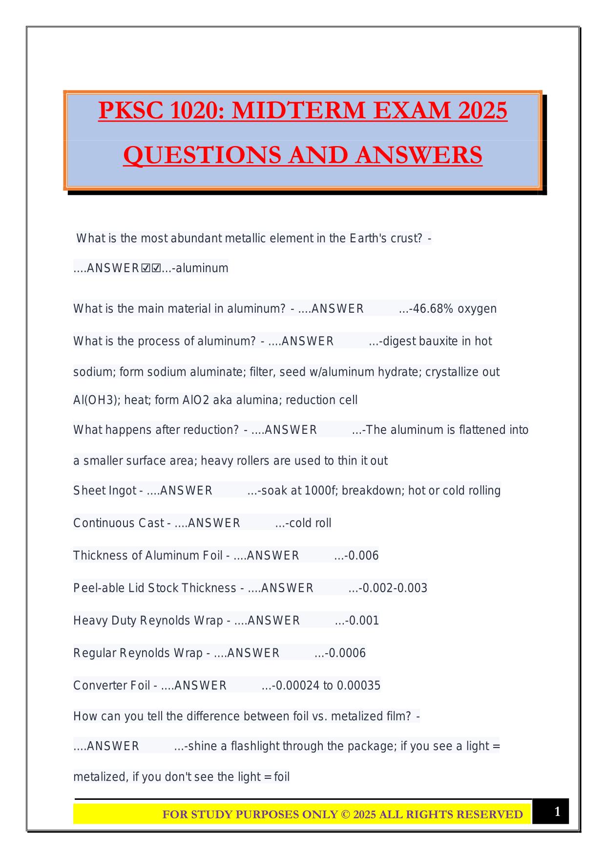 PKSC 1020: MIDTERM EXAM 2025 QUESTIONS AND ANSWERS