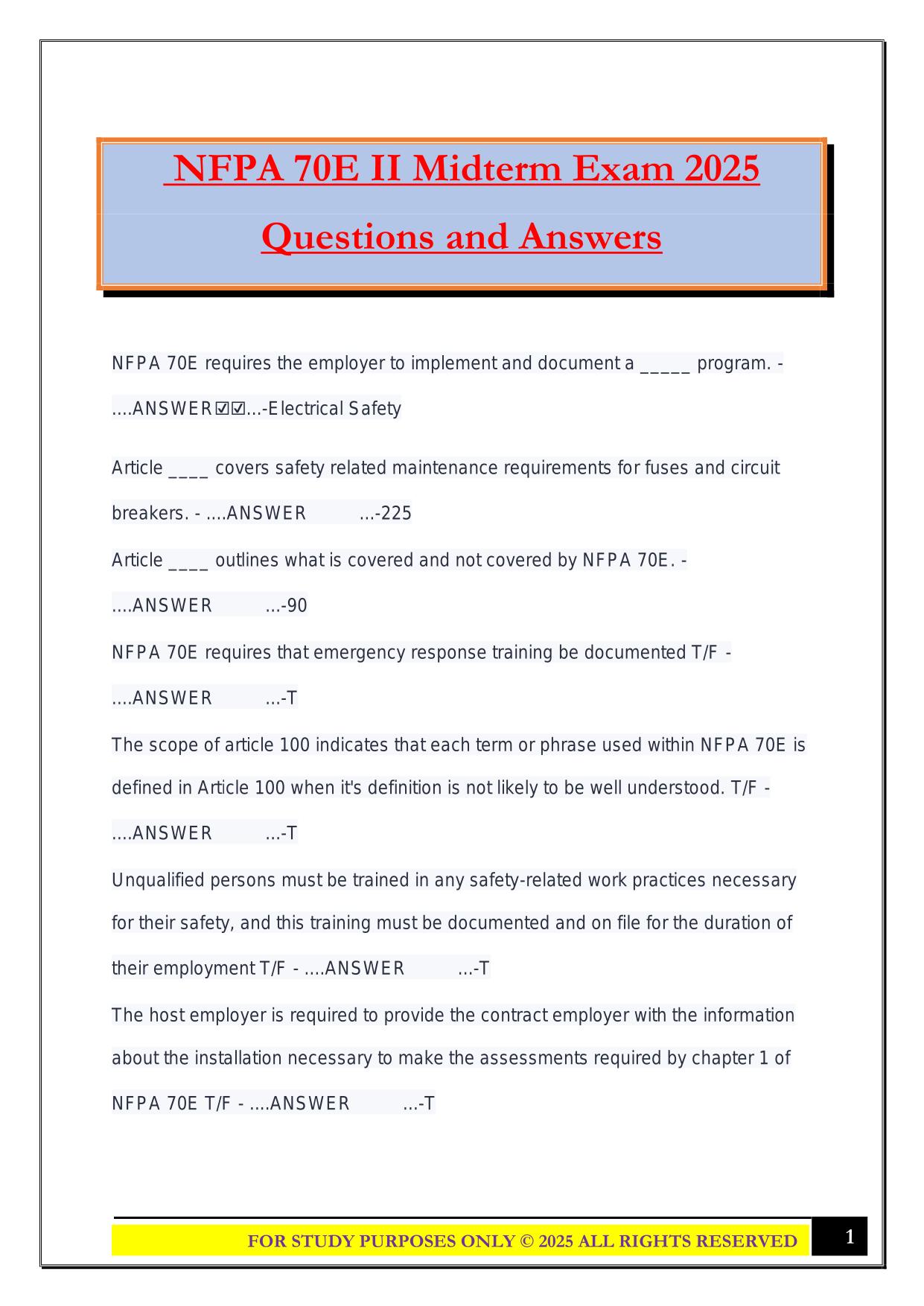 NFPA 70E II Midterm Exam 2025 Questions and Answers
