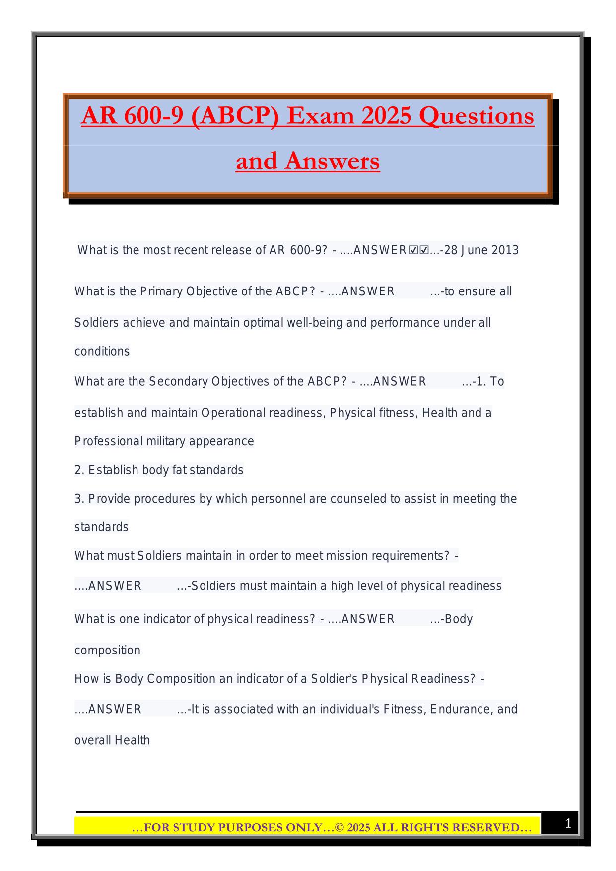 AR 600-9 (ABCP) Exam 2025 Questions and Answers