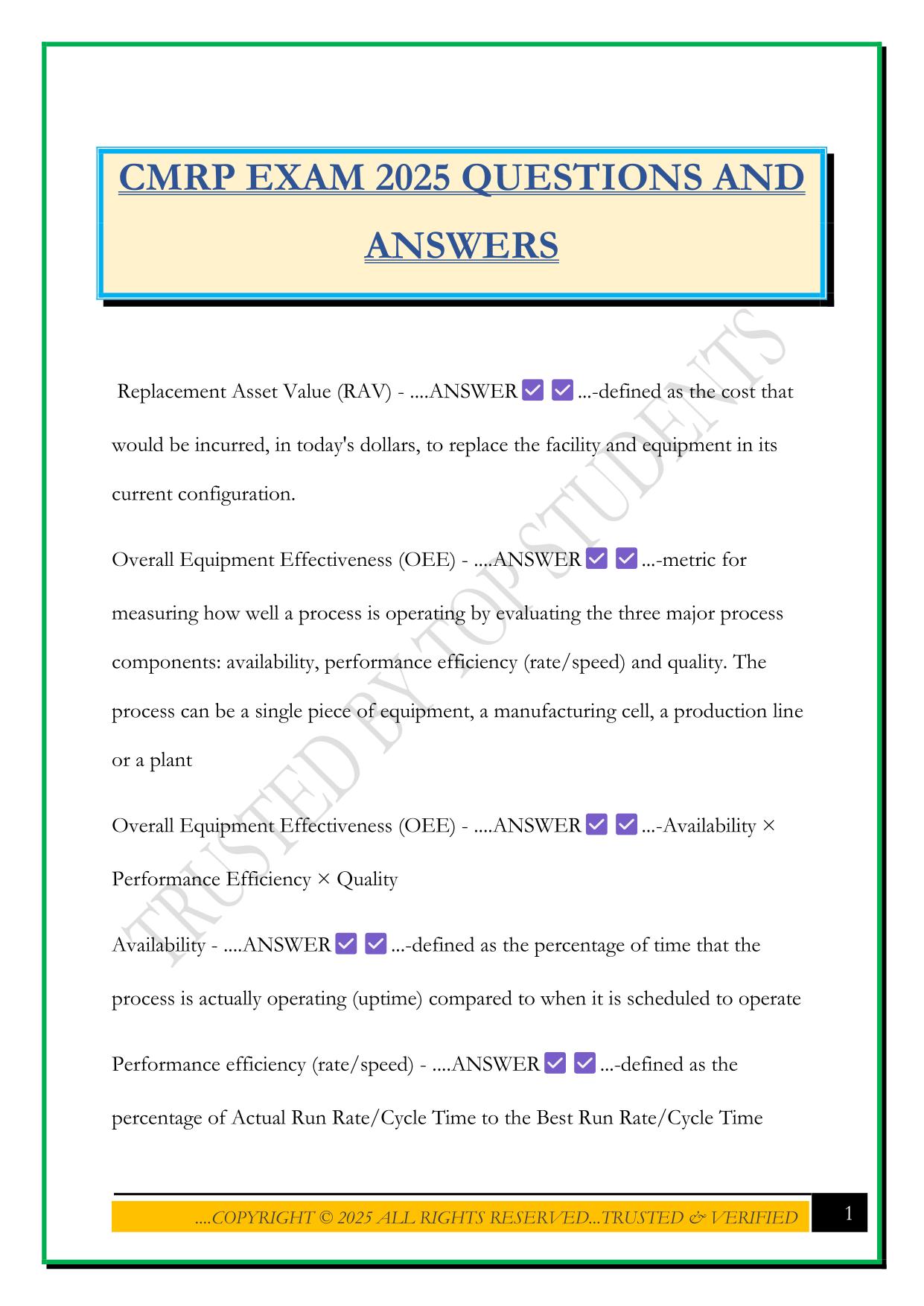 CMRP EXAM 2025 QUESTIONS AND ANSWERS