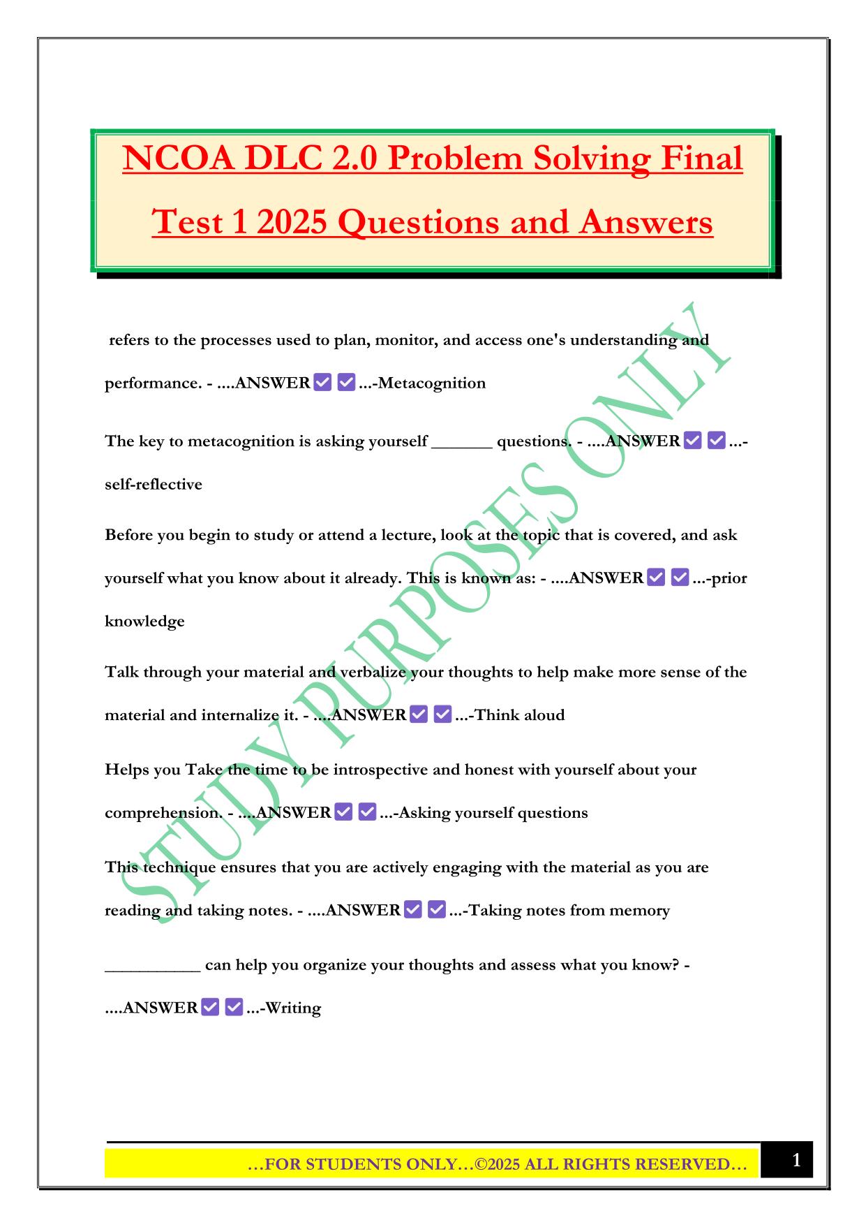 NCOA DLC 2.0 Problem Solving Final Test 1 2025 Questions and Answers