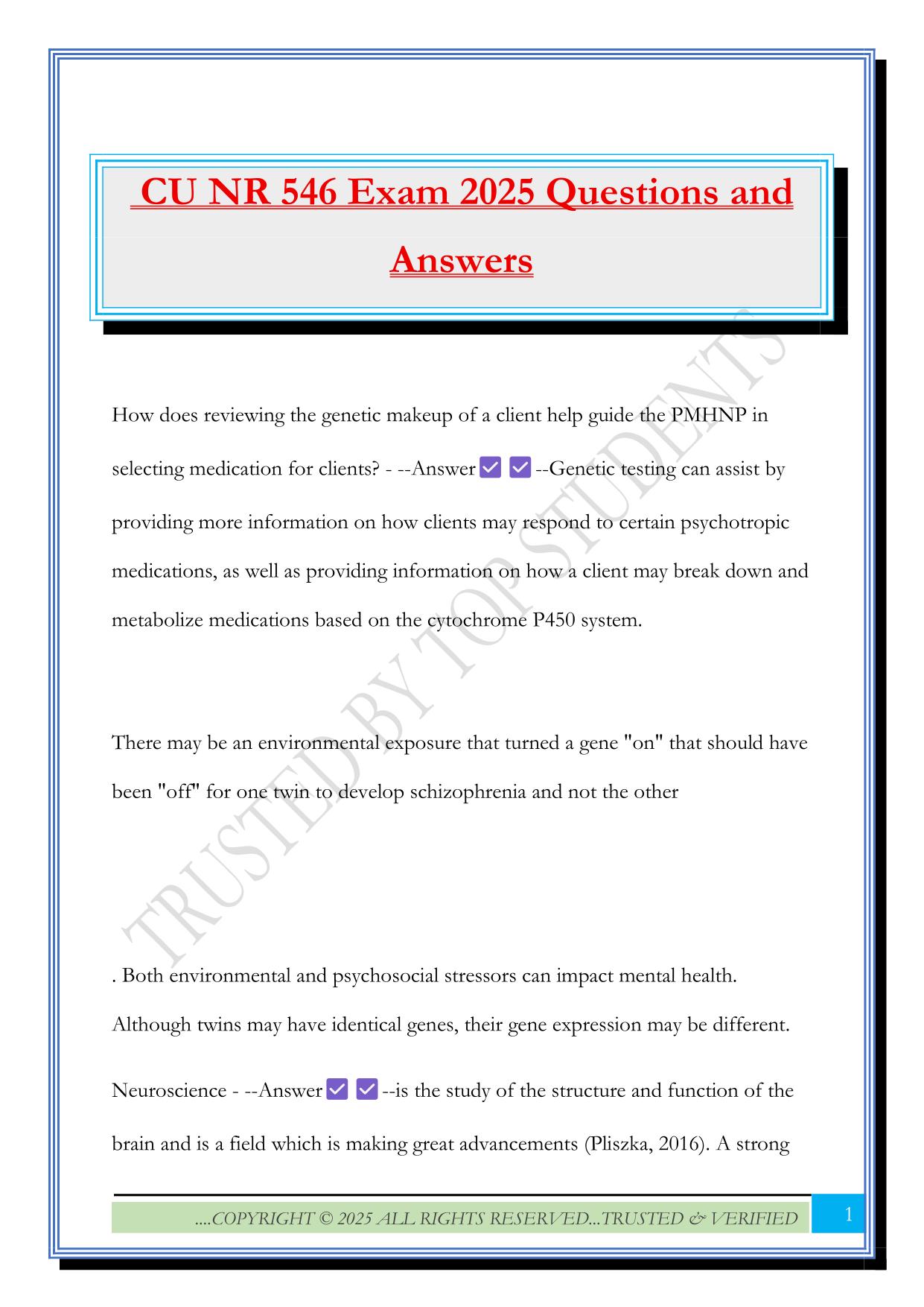 CU NR 546 Exam 2025 Questions and Answers