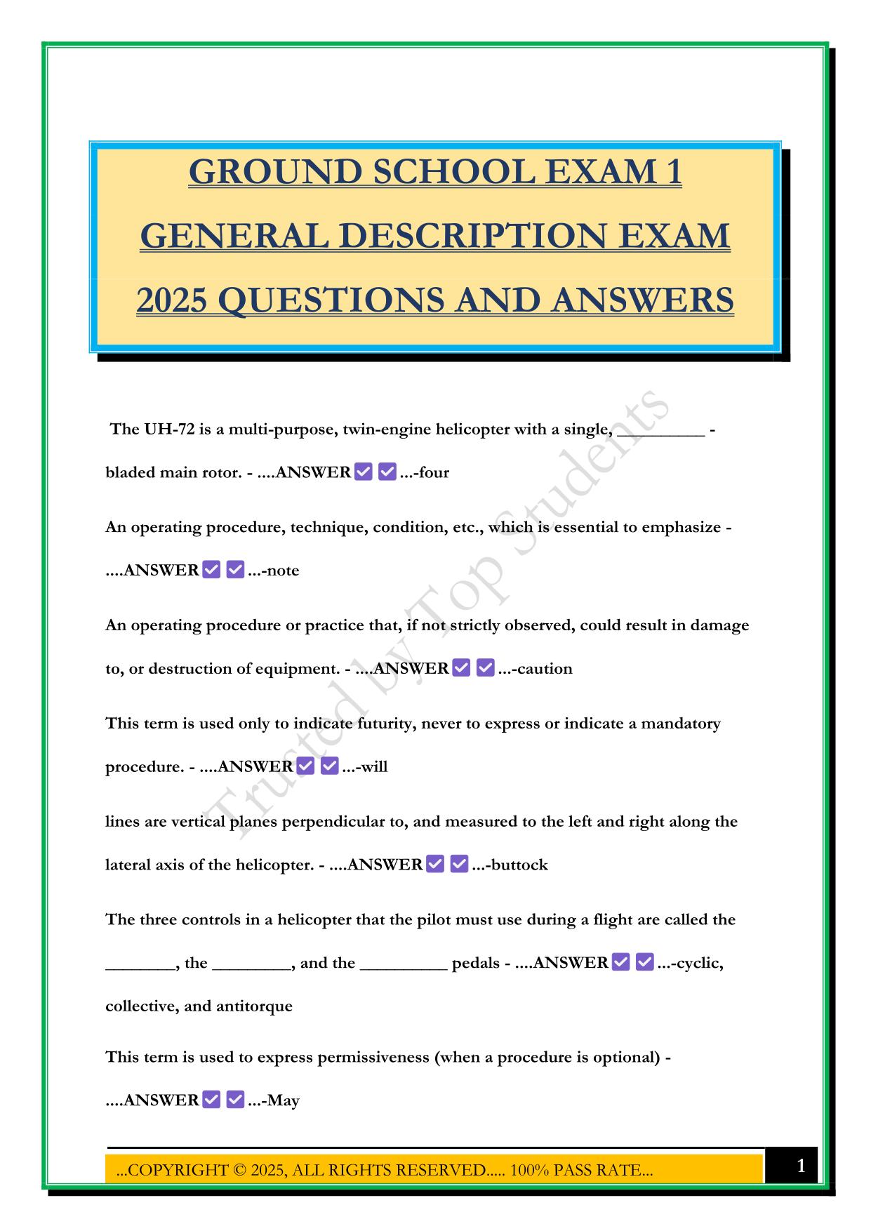 GROUND SCHOOL EXAM 1 GENERAL DESCRIPTION EXAM 2025 QUESTIONS AND ANSWERS