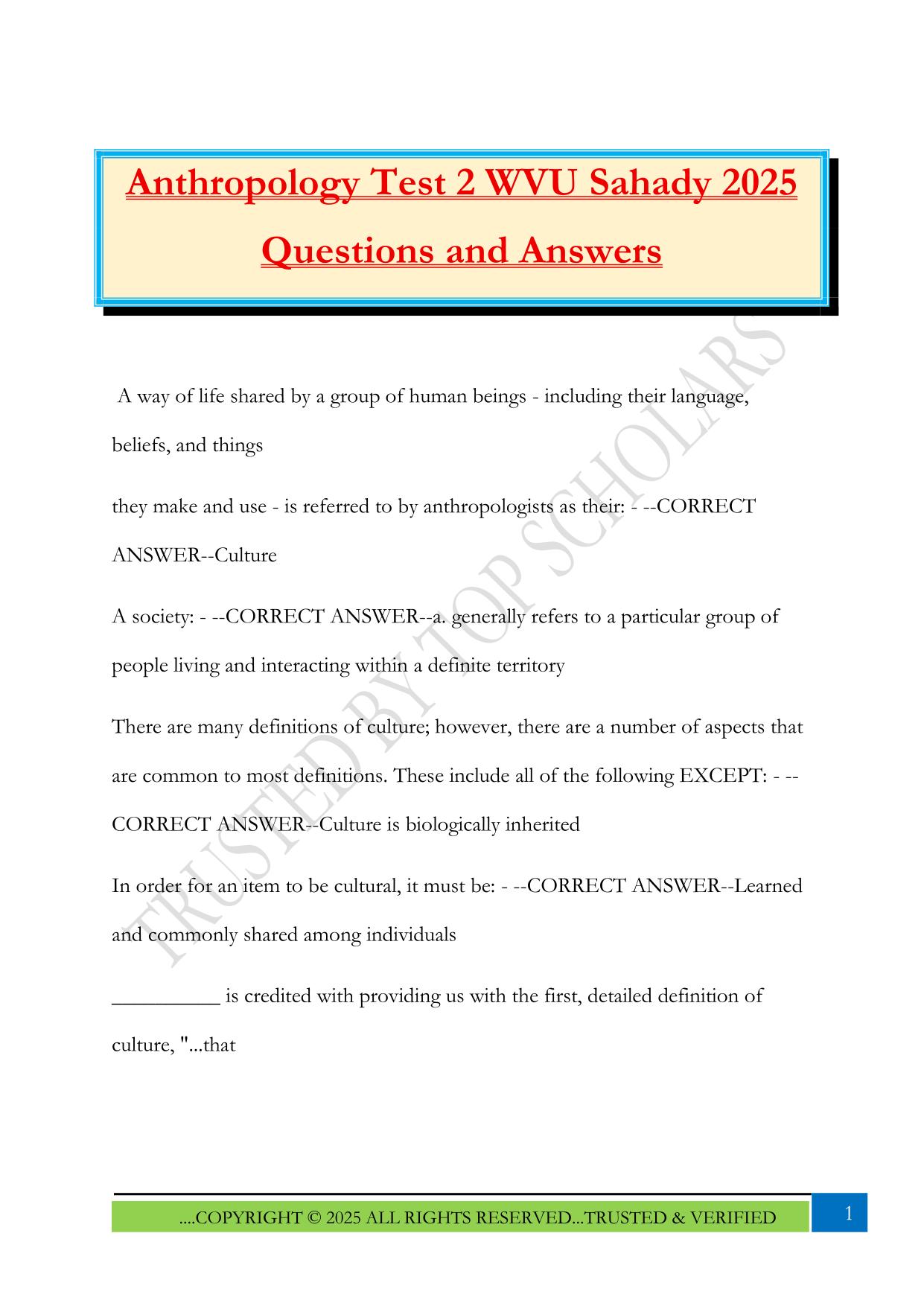 Anthropology Test 2 WVU Sahady 2025 Questions and Answer