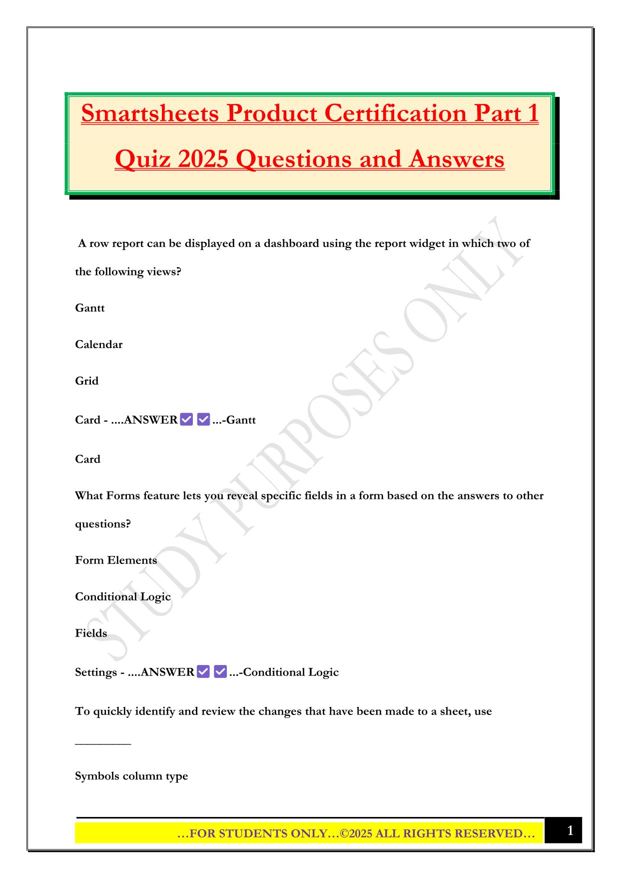 Smartsheets Product Certification Part 1 Quiz 2025 Questions and Answers