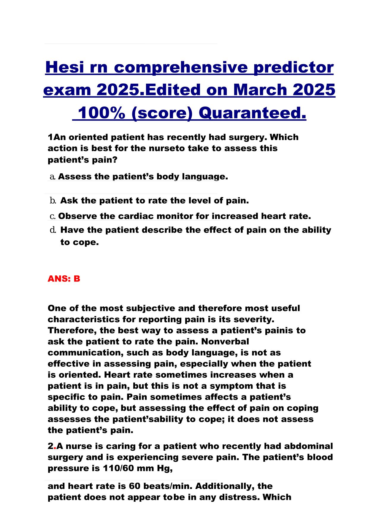 Hesi rn comprehensive predictor exam 2025.Edited on March 2025 100% (score) Quaranteed.
