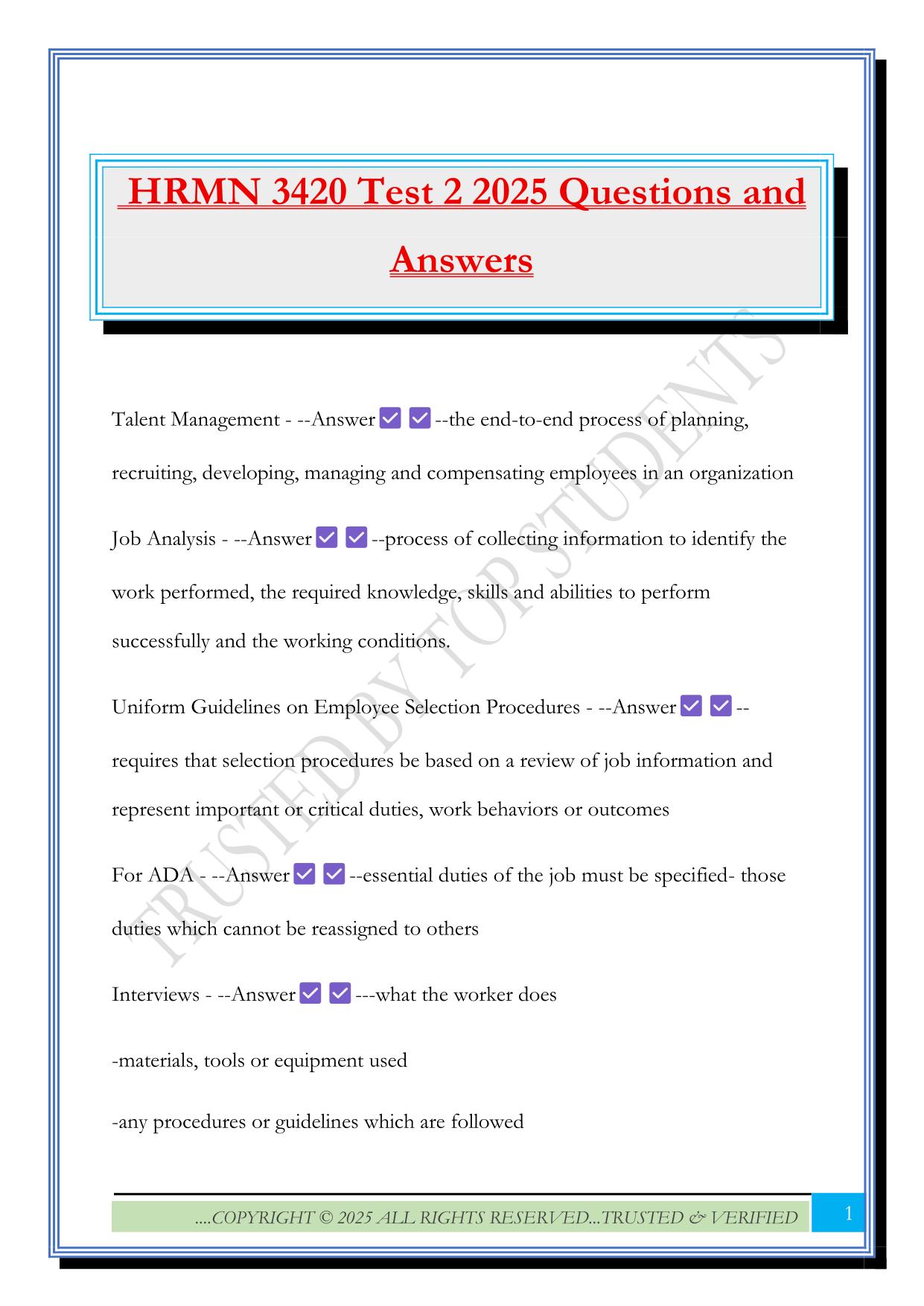 HRMN 3420 Test 2 2025 Questions and Answers