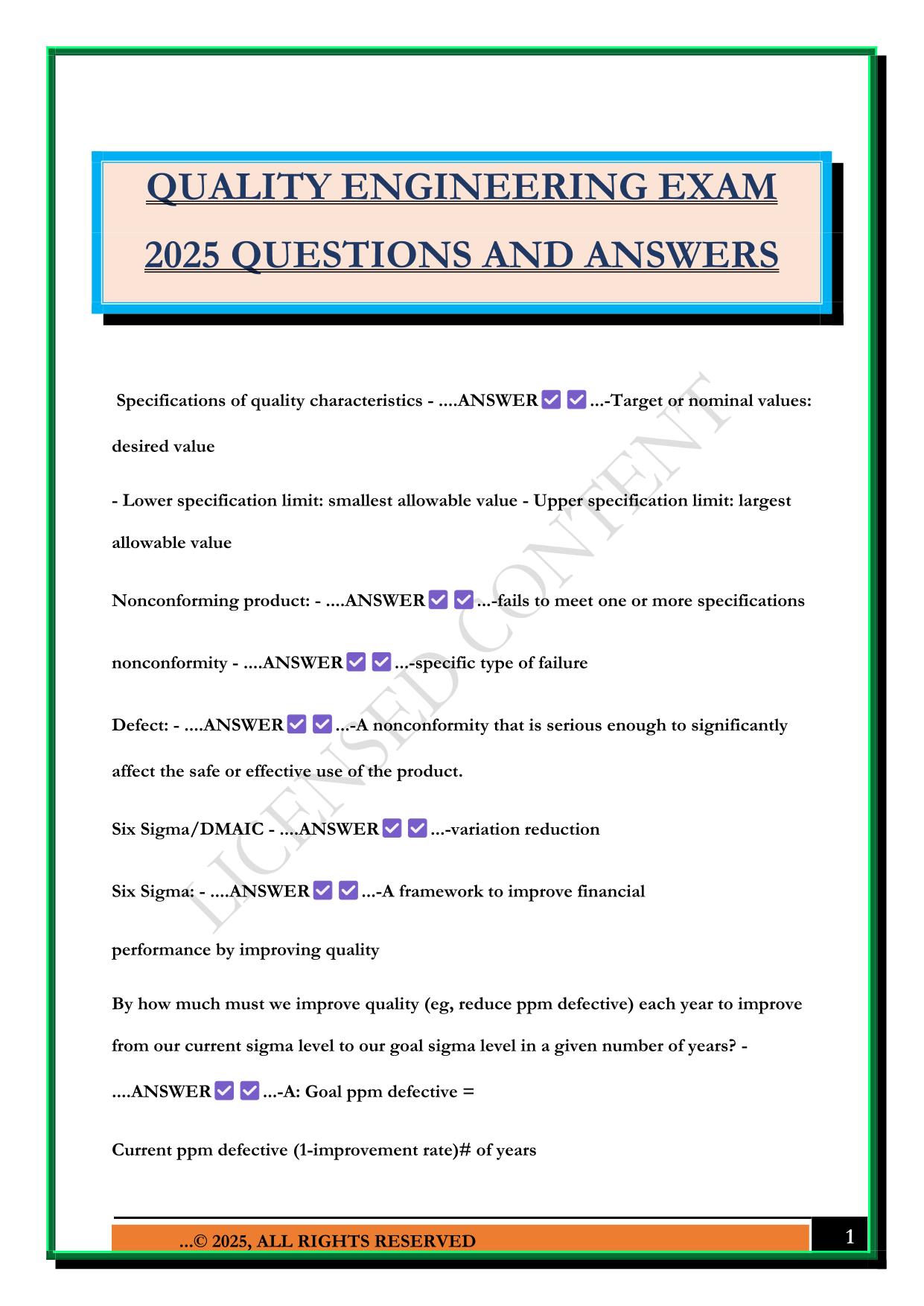 QUALITY ENGINEERING EXAM 2025 QUESTIONS AND ANSWERS