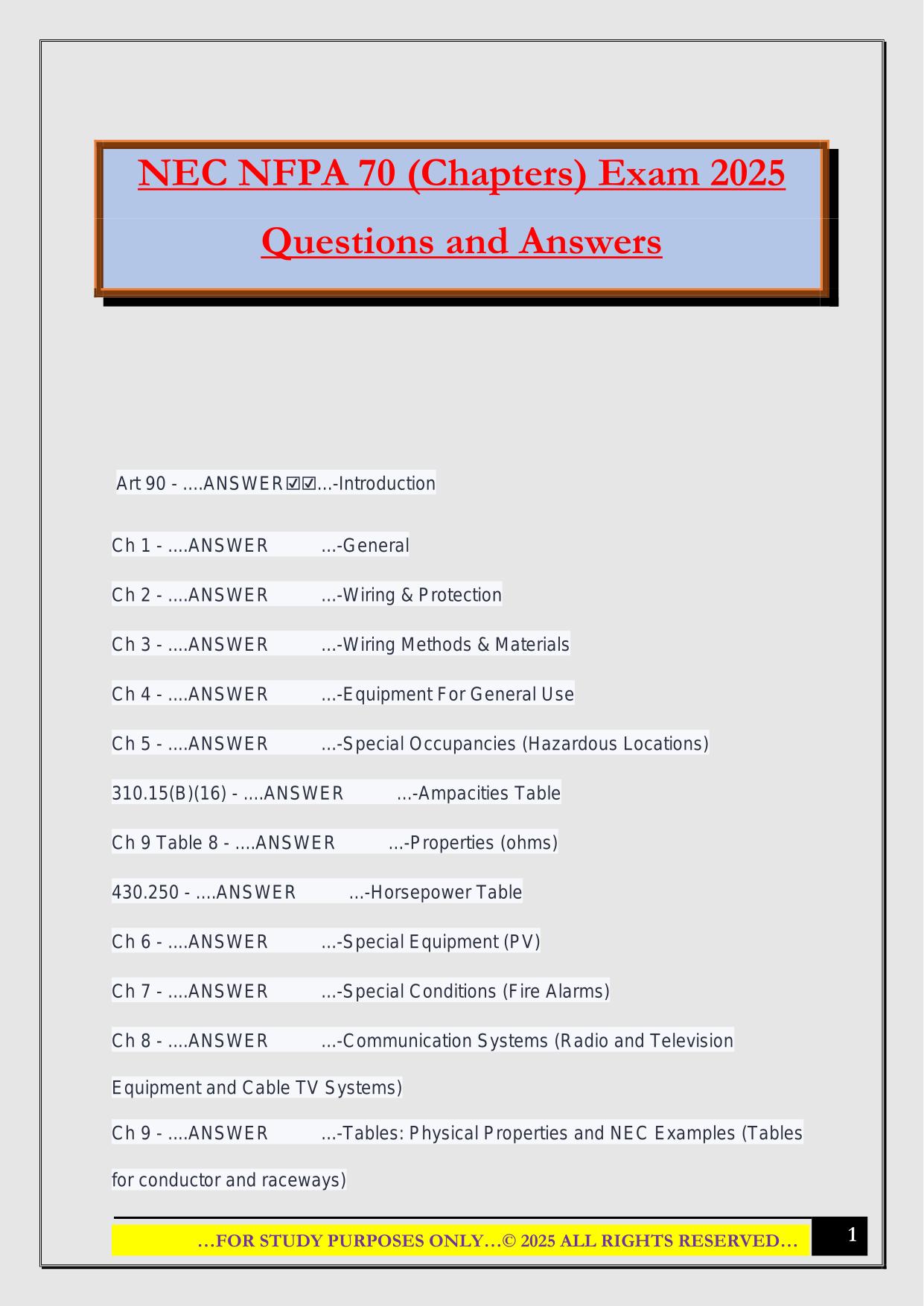 NEC NFPA 70 (Chapters) Exam 2025 Questions and Answers
