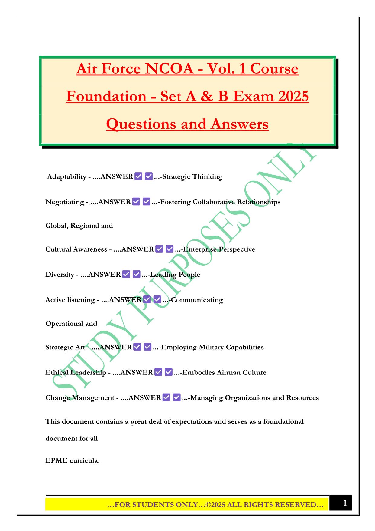 Air Force NCOA - Vol. 1 Course Foundation - Set A & B Exam 2025 Questions and Answers