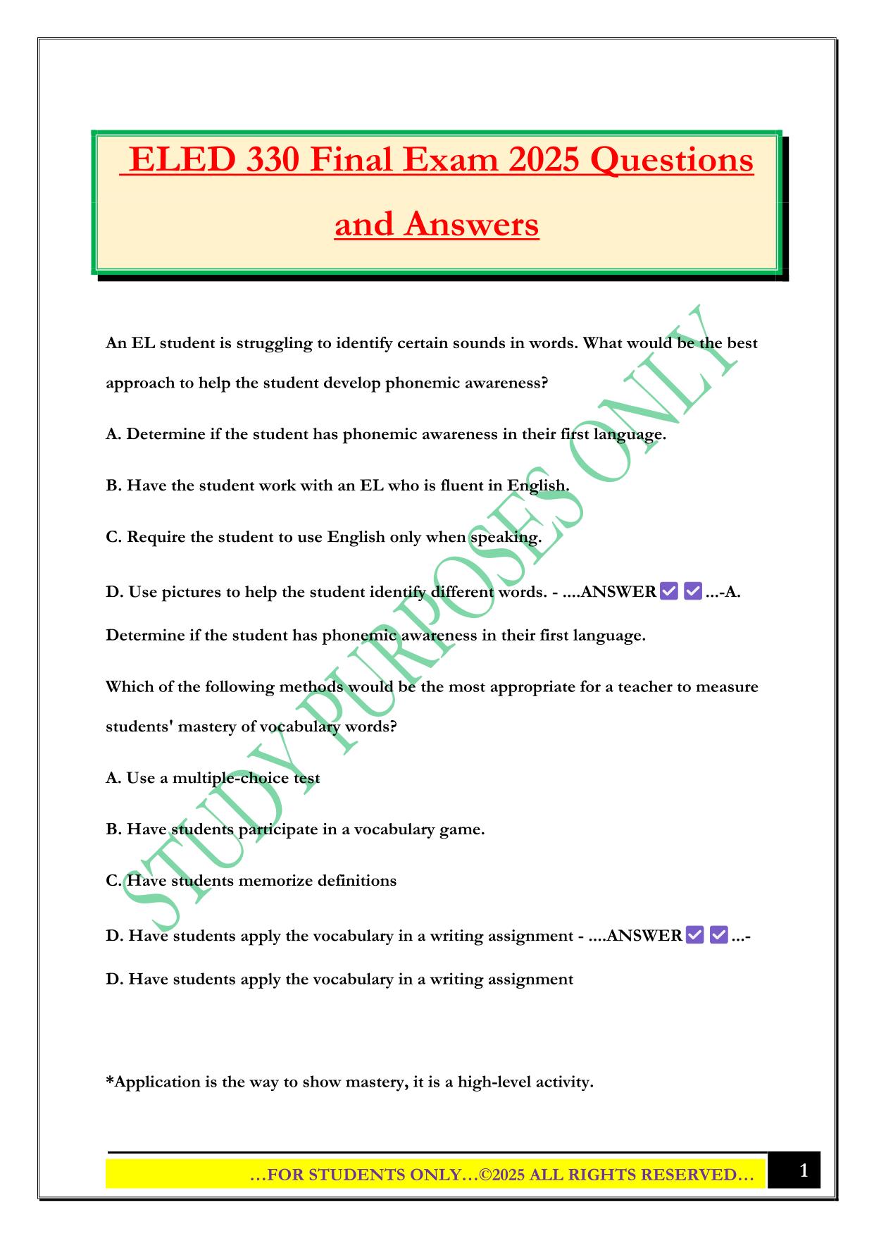 ELED 330 Final Exam 2025 Questions and Answers