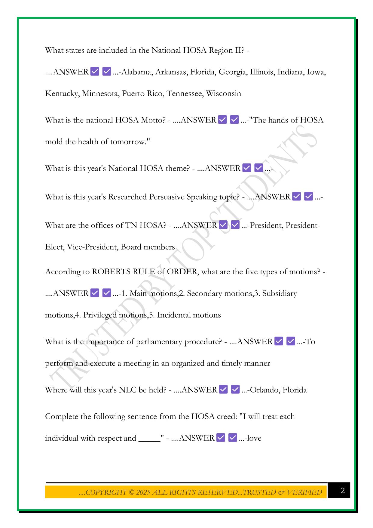 HOSA BOWL EXAM 2025 QUESTIONS AND ANSWERS