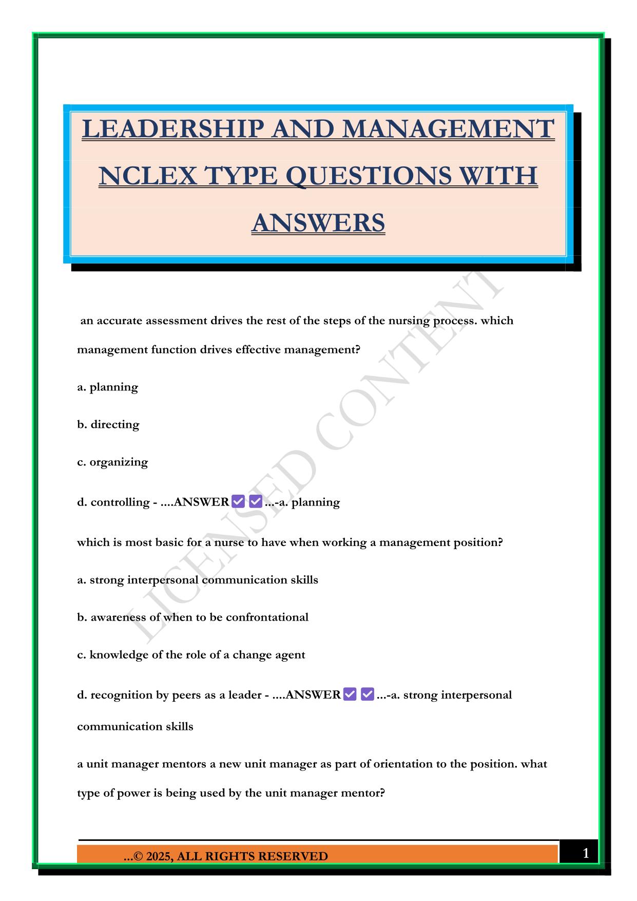 LEADERSHIP AND MANAGEMENT NCLEX TYPE QUESTIONS WITH ANSWERS