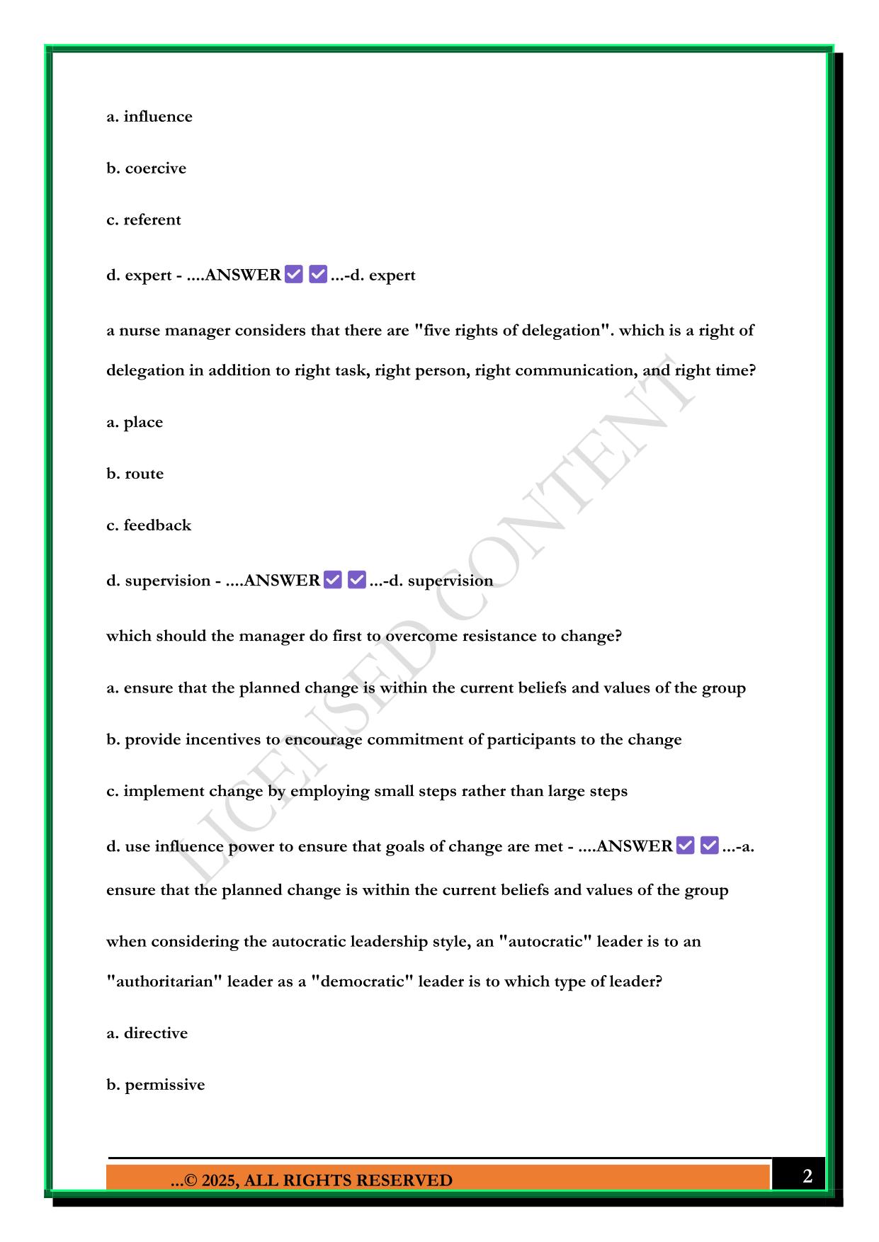 LEADERSHIP AND MANAGEMENT NCLEX TYPE QUESTIONS WITH ANSWERS