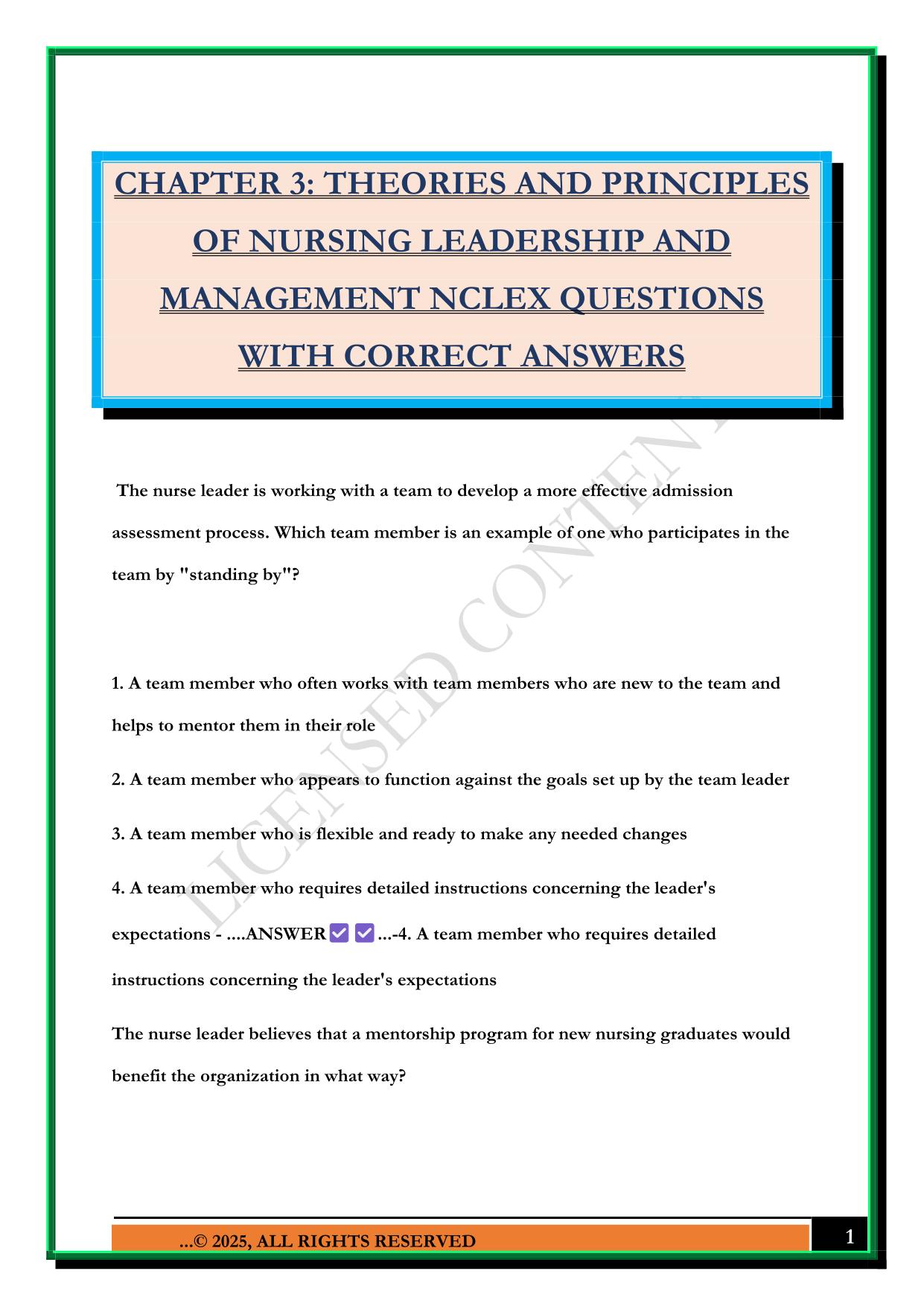 CHAPTER 3: THEORIES AND PRINCIPLES OF NURSING LEADERSHIP AND MANAGEMENT NCLEX QUESTIONS WITH CORRECT ANSWERS