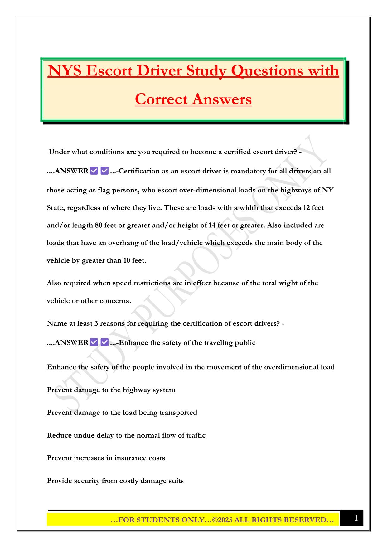 NYS Escort Driver Study Questions with Correct Answers
