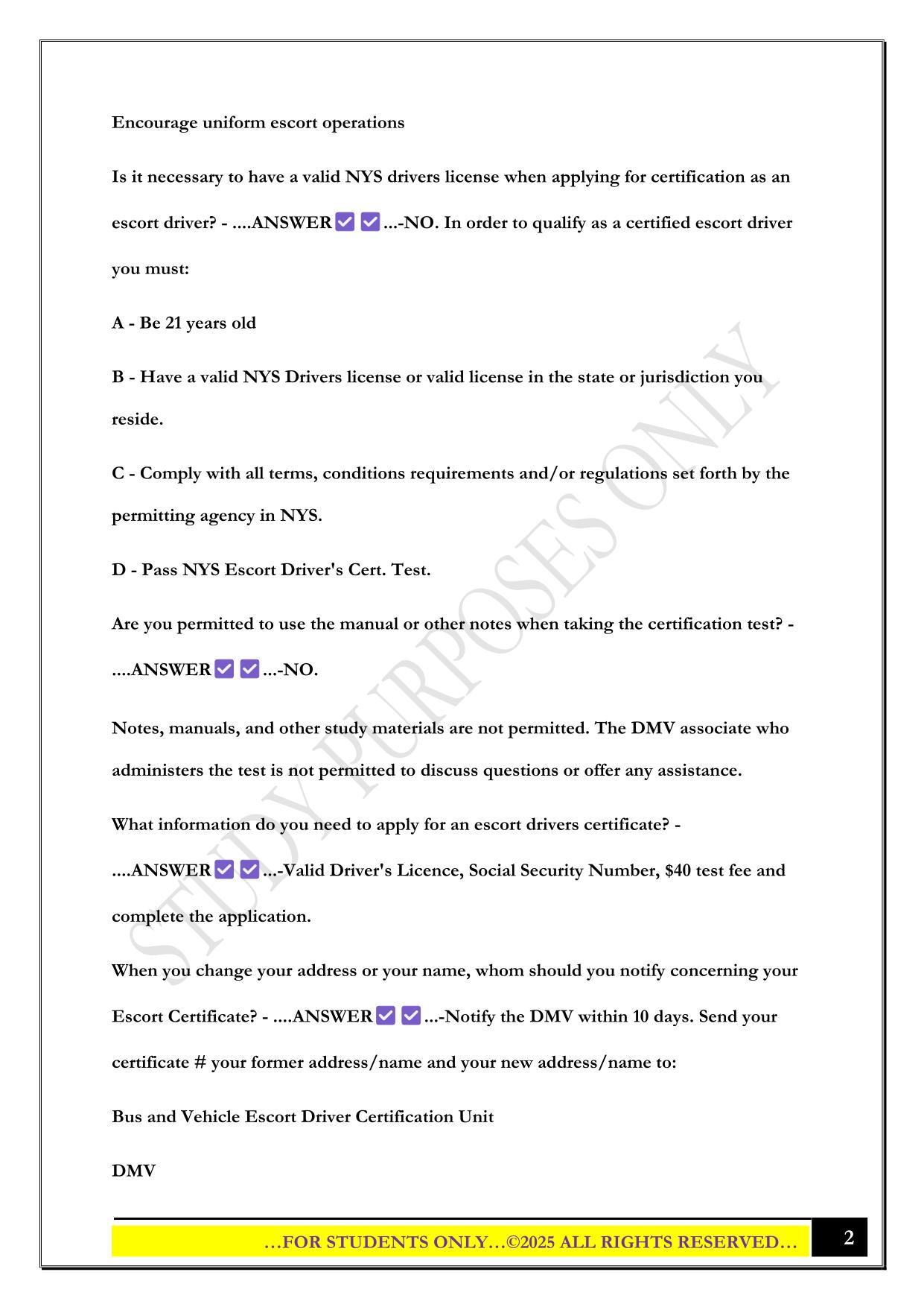 NYS Escort Driver Study Questions with Correct Answers