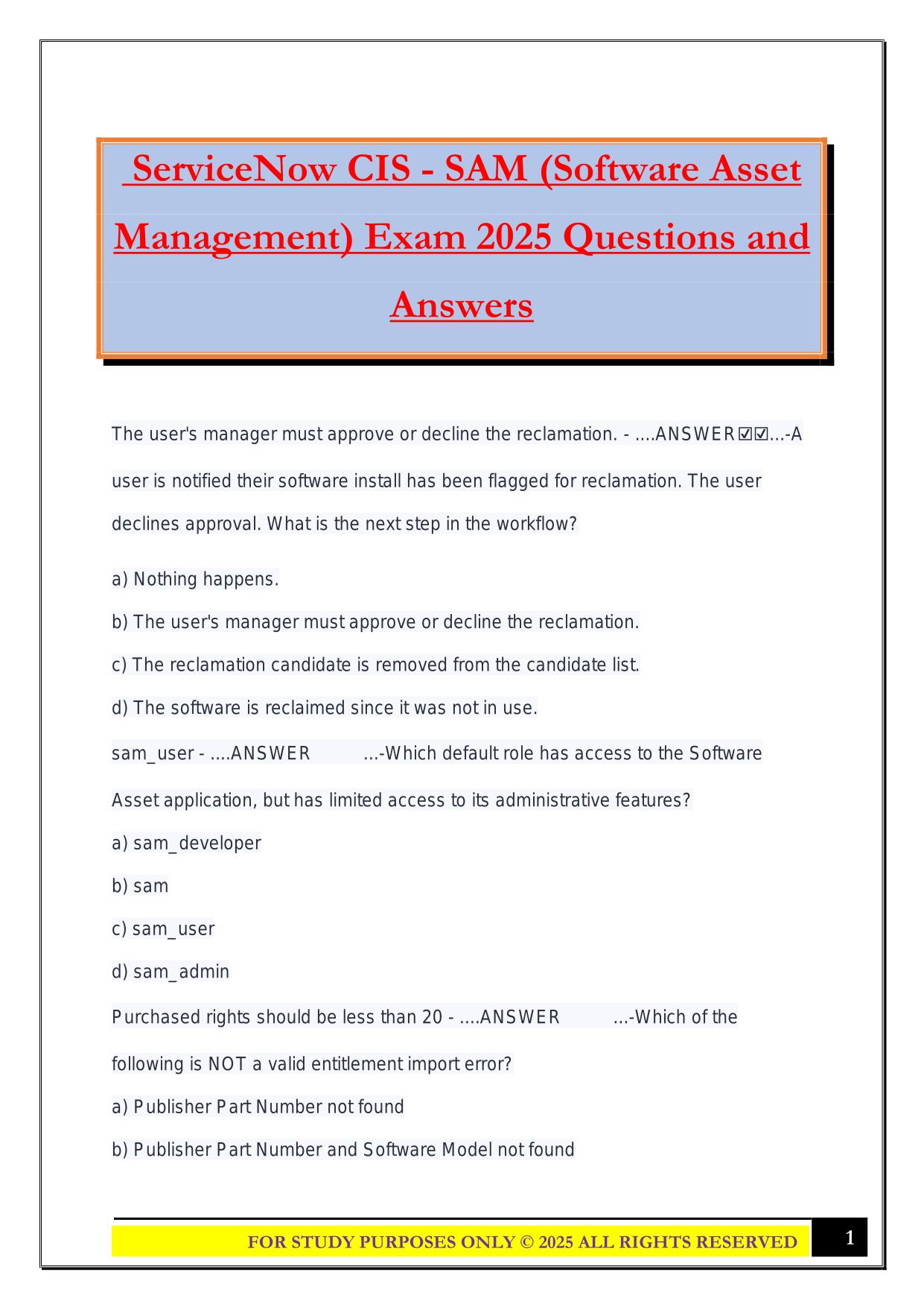 ServiceNow CIS - SAM (Software Asset Management) Exam 2025 Questions and Answers