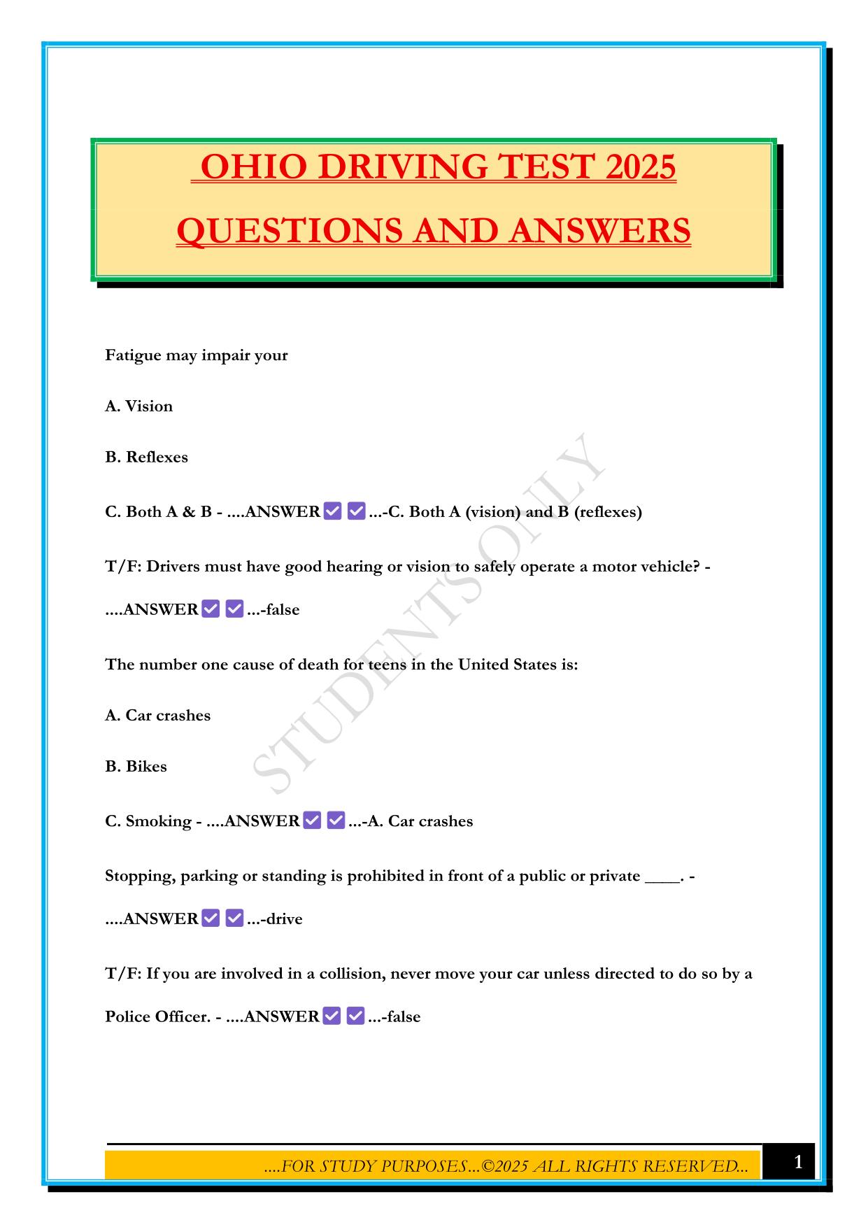 OHIO DRIVING TEST 2025 QUESTIONS AND ANSWERS