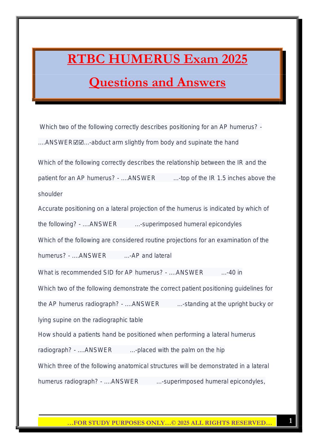 RTBC HUMERUS Exam 2025 Questions and Answers