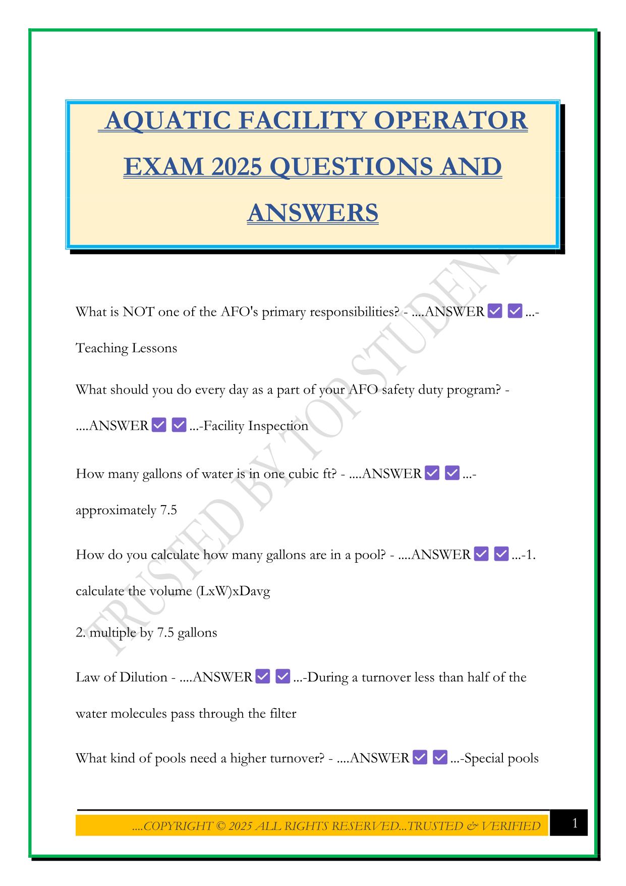 AQUATIC FACILITY OPERATOR EXAM 2025 QUESTIONS AND ANSWERS