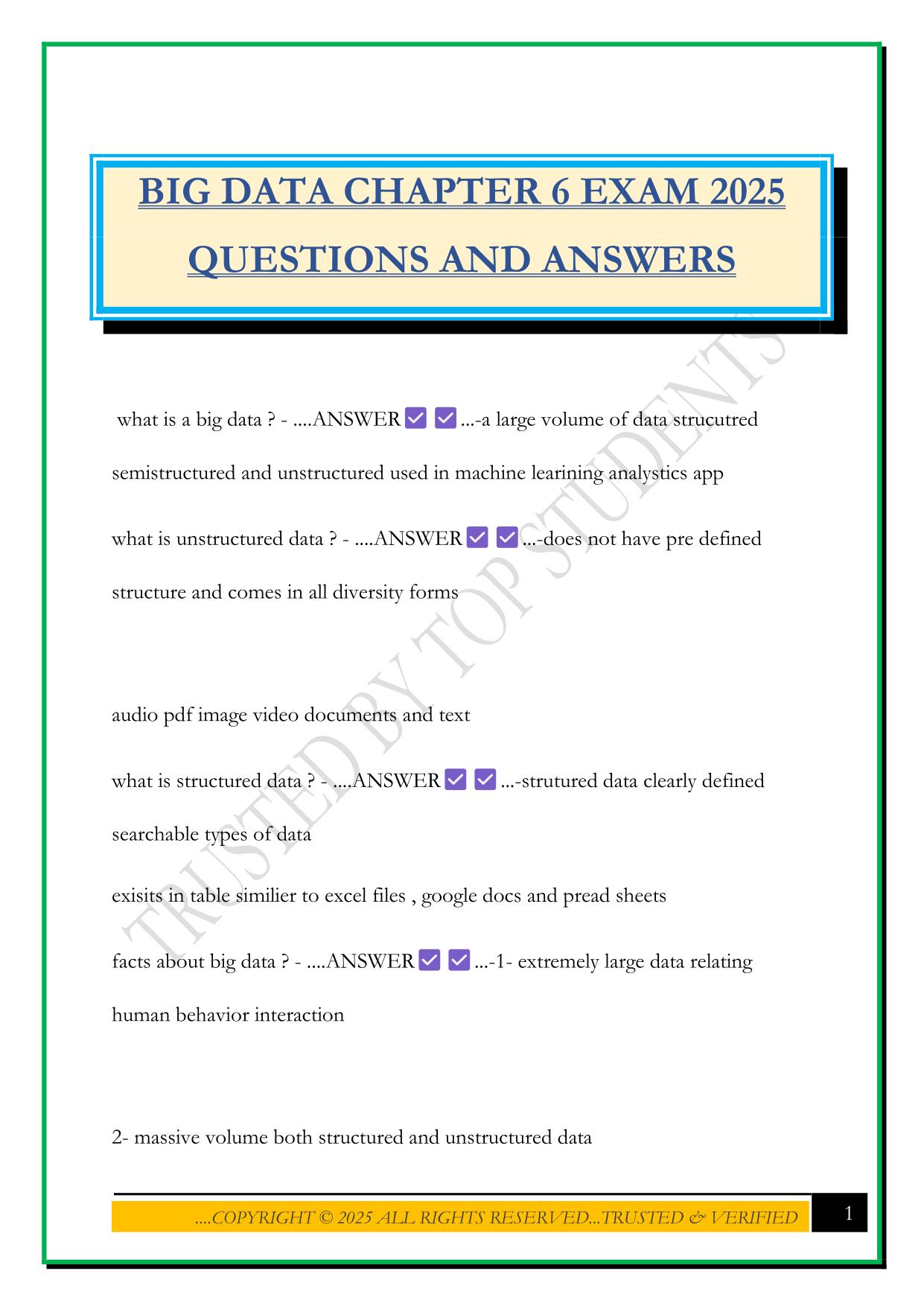 BIG DATA CHAPTER 6 EXAM 2025 QUESTIONS AND ANSWERS