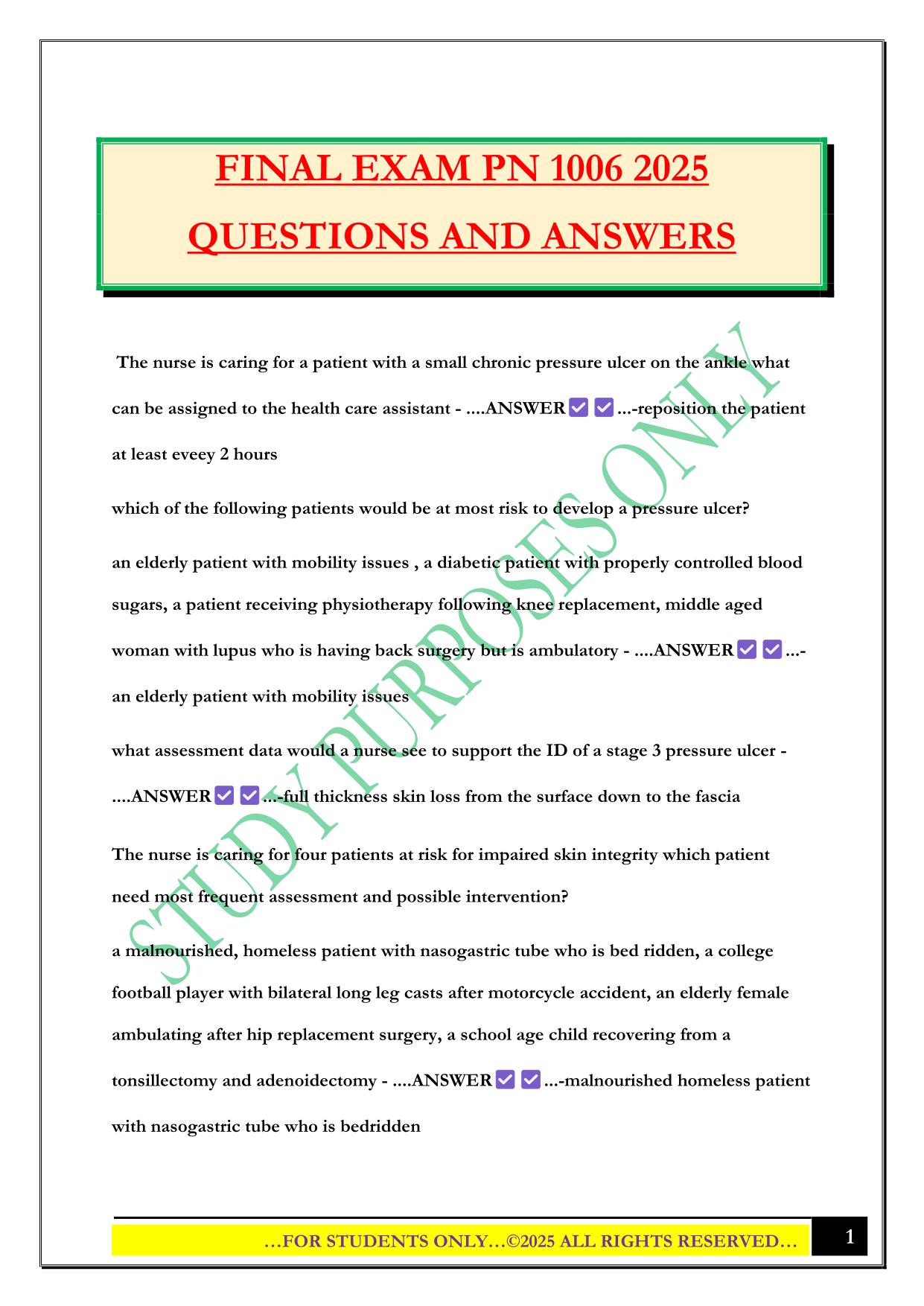 FINAL EXAM PN 1006 2025 QUESTIONS AND ANSWERS