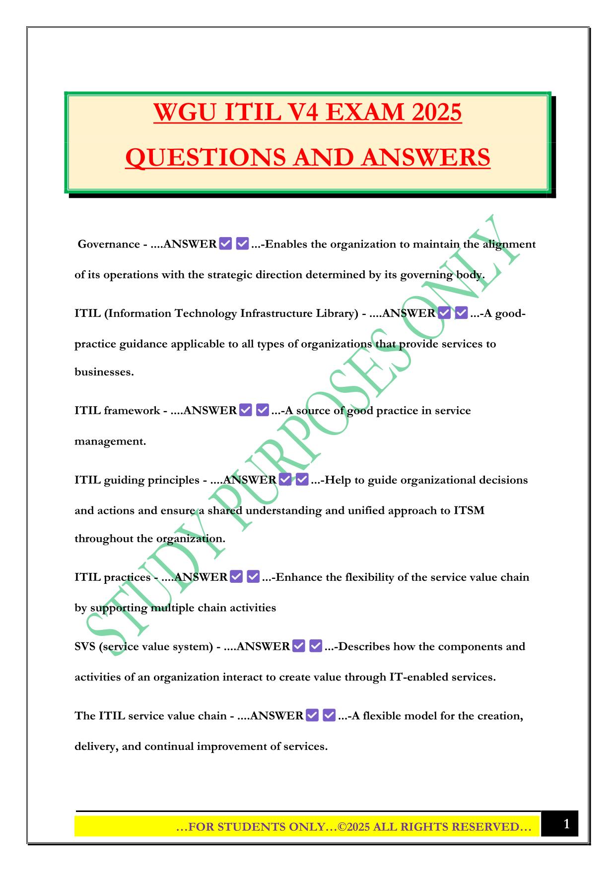 WGU ITIL V4 EXAM 2025 QUESTIONS AND ANSWERS