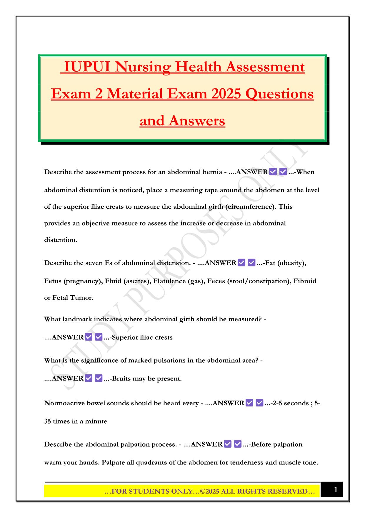 IUPUI Nursing Health Assessment Exam 2 Material Exam 2025 Questions and Answers