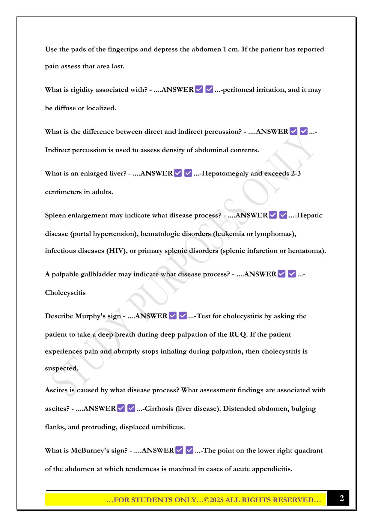 IUPUI Nursing Health Assessment Exam 2 Material Exam 2025 Questions and Answers