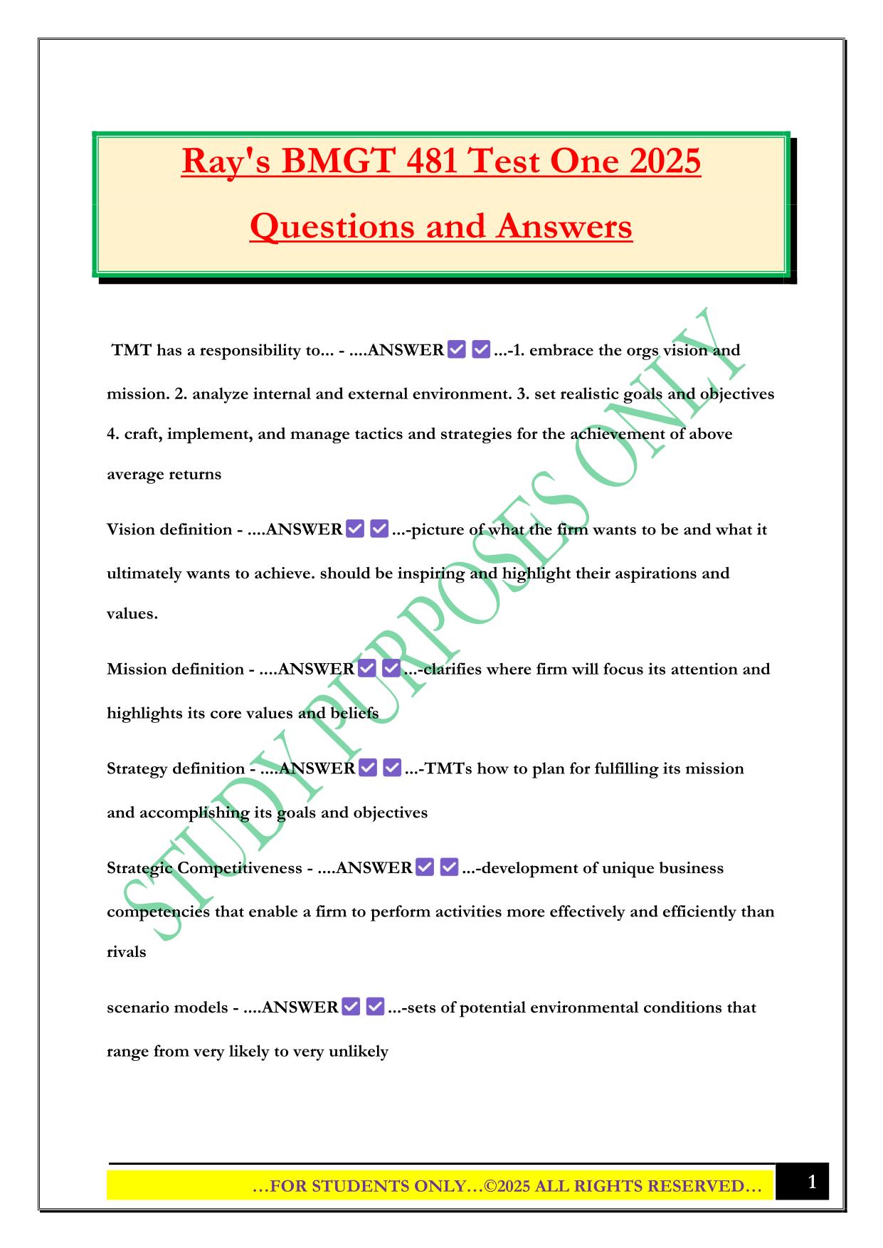 Ray's BMGT 481 Test One 2025 Questions and Answers