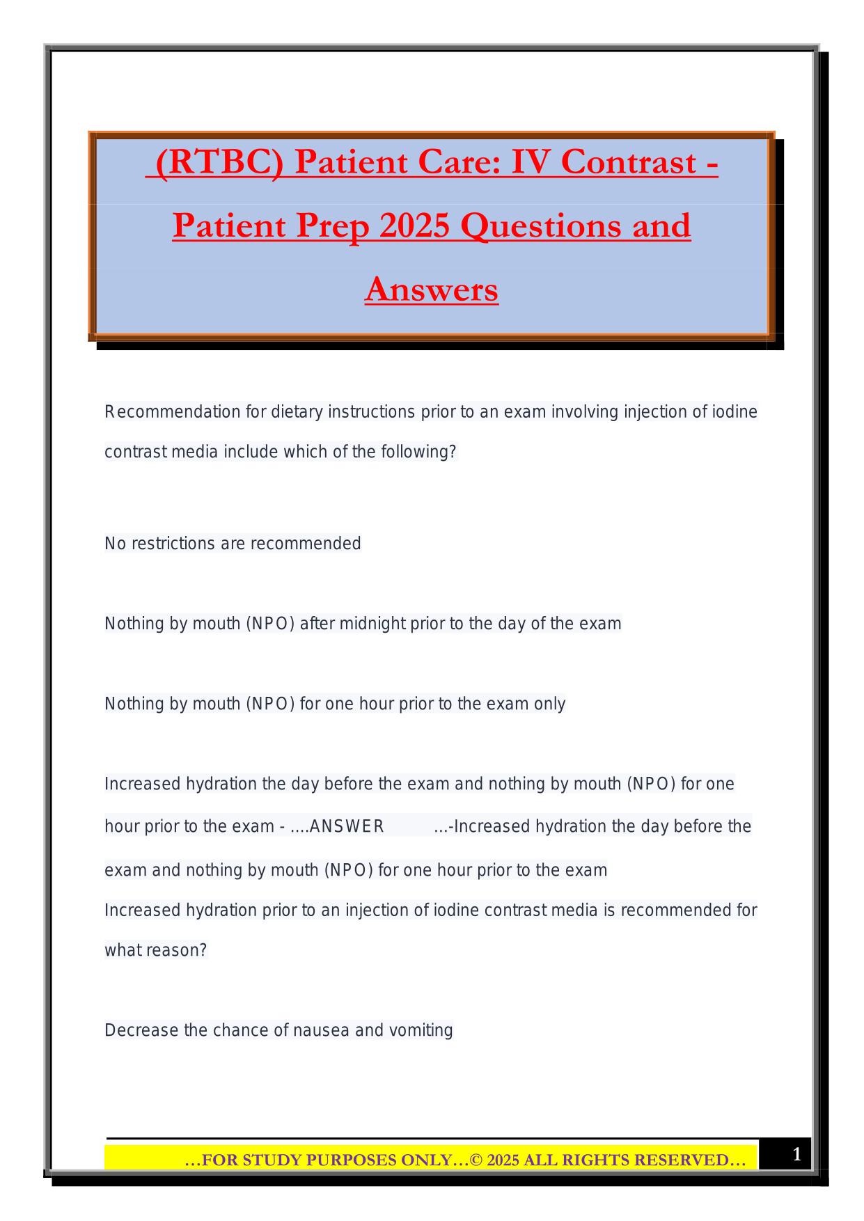 (RTBC) Patient Care: IV Contrast - Patient Prep 2025 Questions and Answers