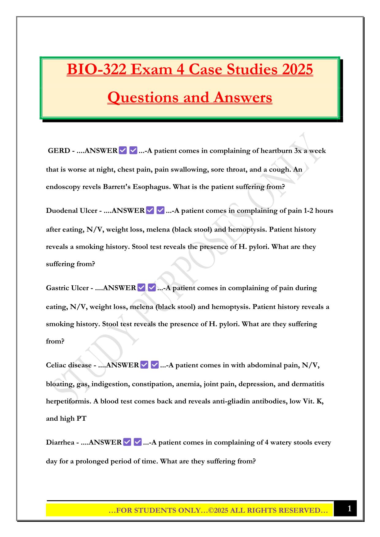 BIO-322 Exam 4 Case Studies 2025 Questions and Answers