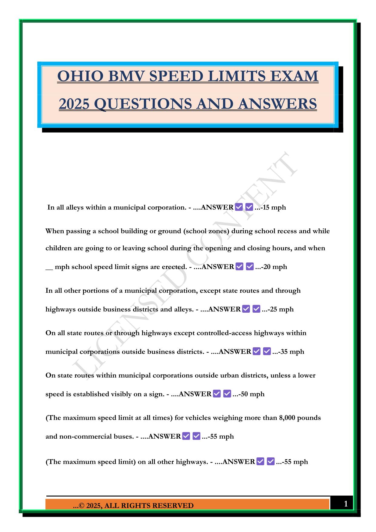 OHIO BMV SPEED LIMITS EXAM 2025 QUESTIONS AND ANSWERS