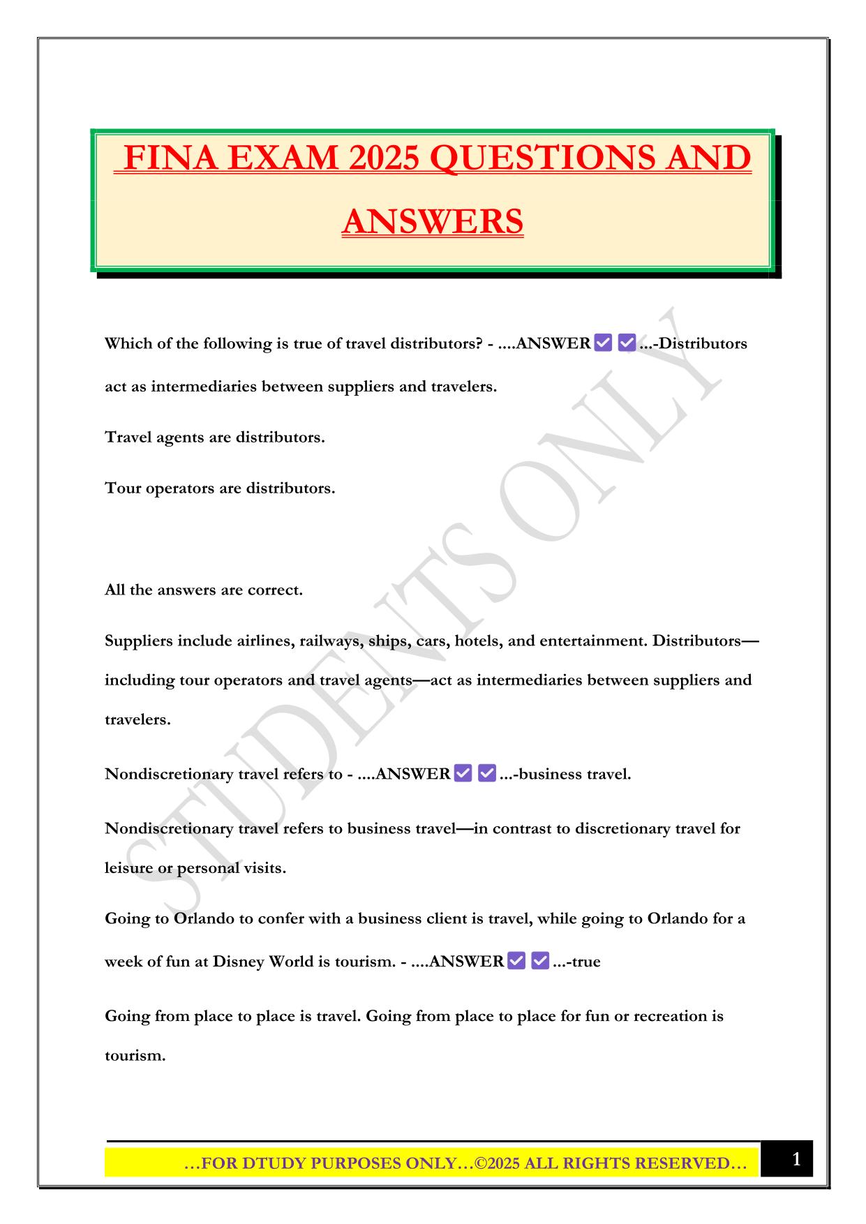 FINA EXAM 2025 QUESTIONS AND ANSWERS