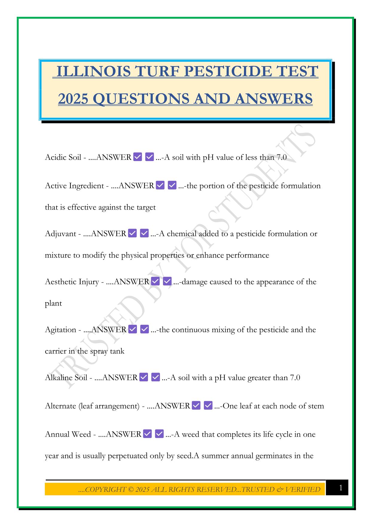 ILLINOIS TURF PESTICIDE TEST 2025 QUESTIONS AND ANSWERS