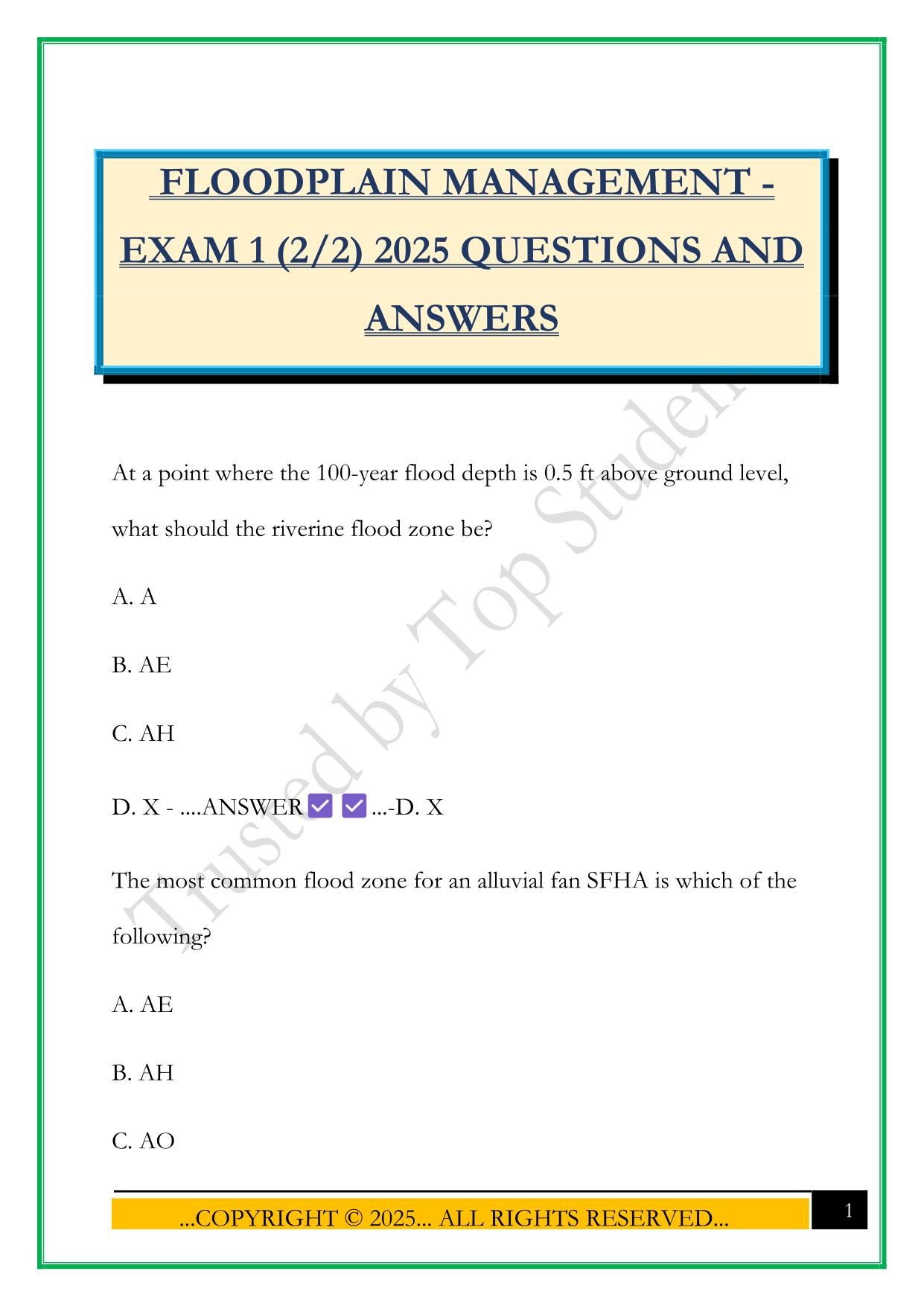 FLOODPLAIN MANAGEMENT - EXAM 1 (2/2) 2025 QUESTIONS AND ANSWERS