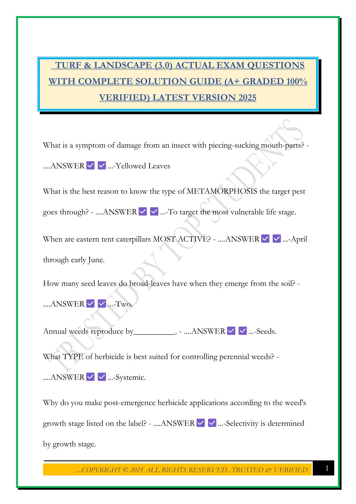 TURF & LANDSCAPE (3.0) ACTUAL EXAM QUESTIONS WITH COMPLETE SOLUTION GUIDE (A+ GRADED 100% VERIFIED) LATEST VERSION 2025