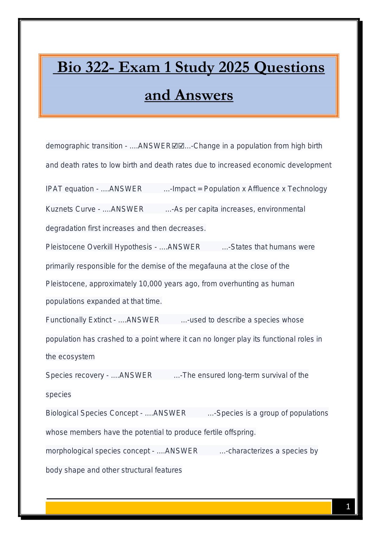 Bio 322- Exam 1 Study 2025 Questions and Answers